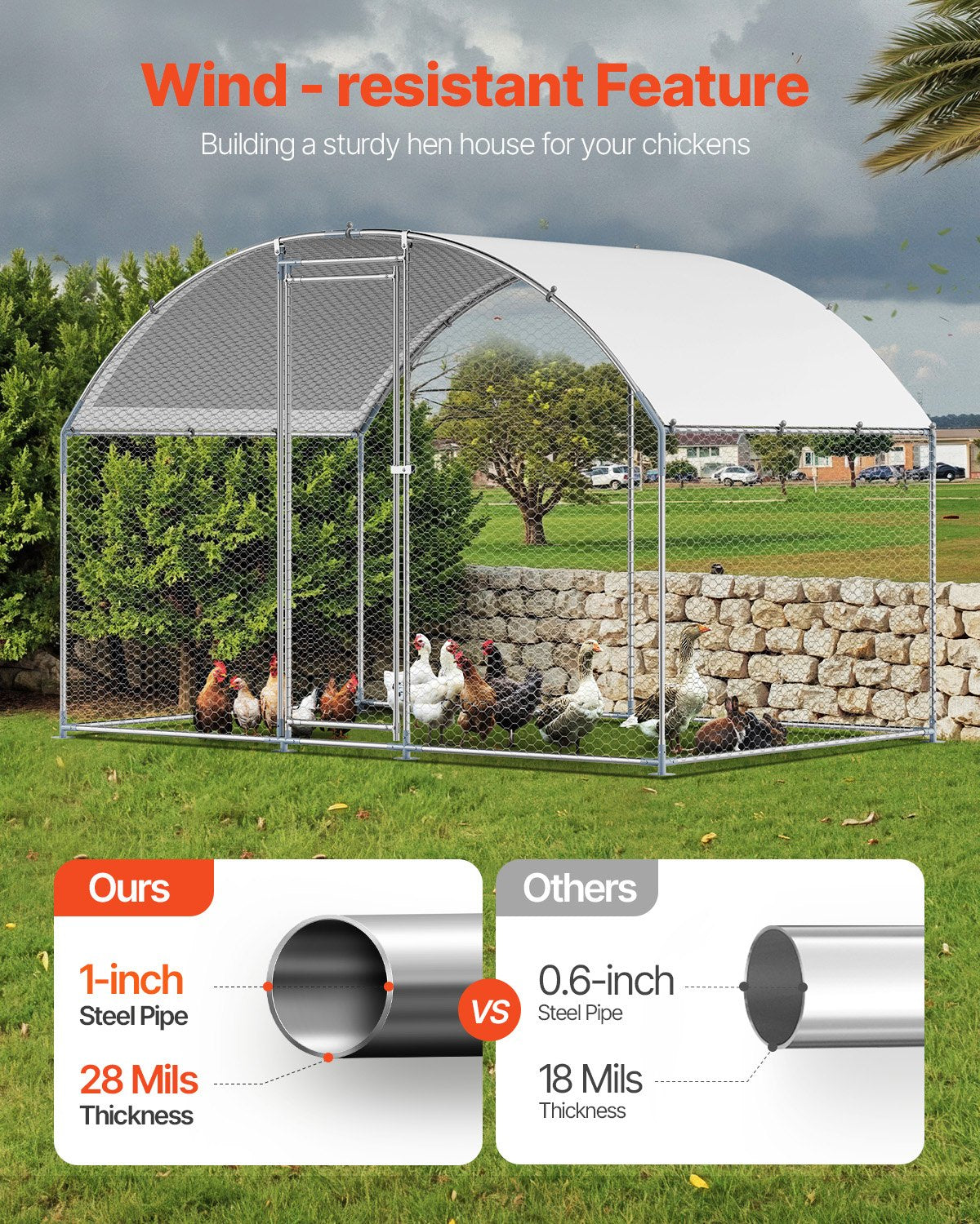 VEVOR Metal Chicken Coop, 9.8x6.5x6.5ft Large Walk-in Chicken Runs with Cover, Doom Roof Hen House Enclosure with Security Lock, Outdoor Duck Rabbit Cage Poultry Pen for Backyard, Farm, Yard