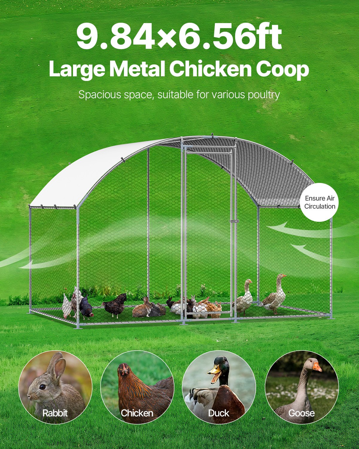 VEVOR Metal Chicken Coop, 9.8x6.5x6.5ft Large Walk-in Chicken Runs with Cover, Doom Roof Hen House Enclosure with Security Lock, Outdoor Duck Rabbit Cage Poultry Pen for Backyard, Farm, Yard