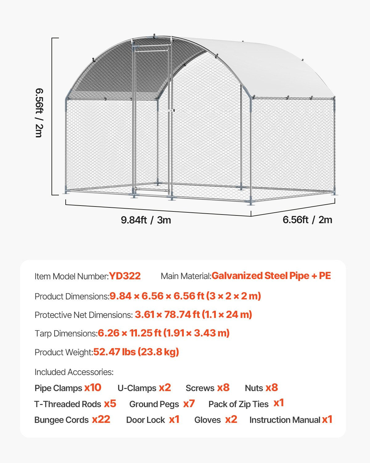 VEVOR Metal Chicken Coop, 9.8x6.5x6.5ft Large Walk-in Chicken Runs with Cover, Doom Roof Hen House Enclosure with Security Lock, Outdoor Duck Rabbit Cage Poultry Pen for Backyard, Farm, Yard