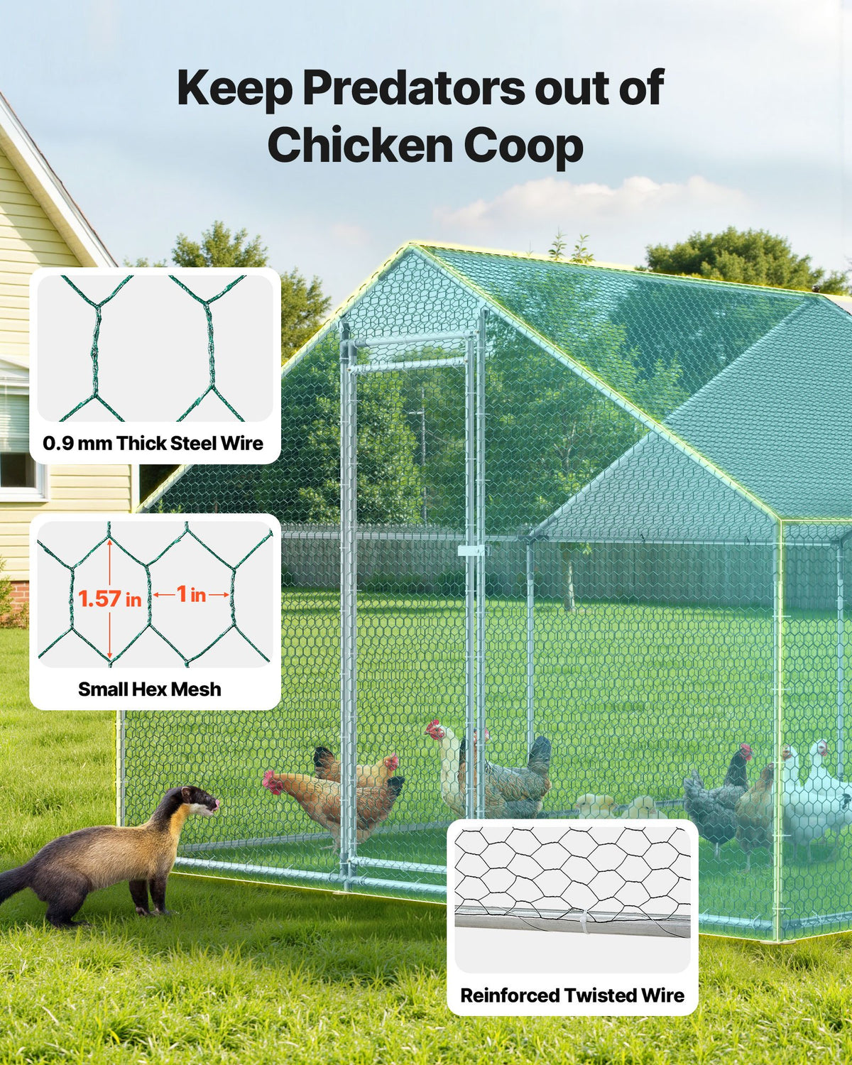 VEVOR Metal Chicken Coop, 9.8x13.1x6.5 ft Large Walk-in Chicken Runs with Cover, Spire Roof Hen House Enclosure with Security Lock, Outdoor Duck Rabbit Cage Poultry Pen for Backyard, Farm, Yard