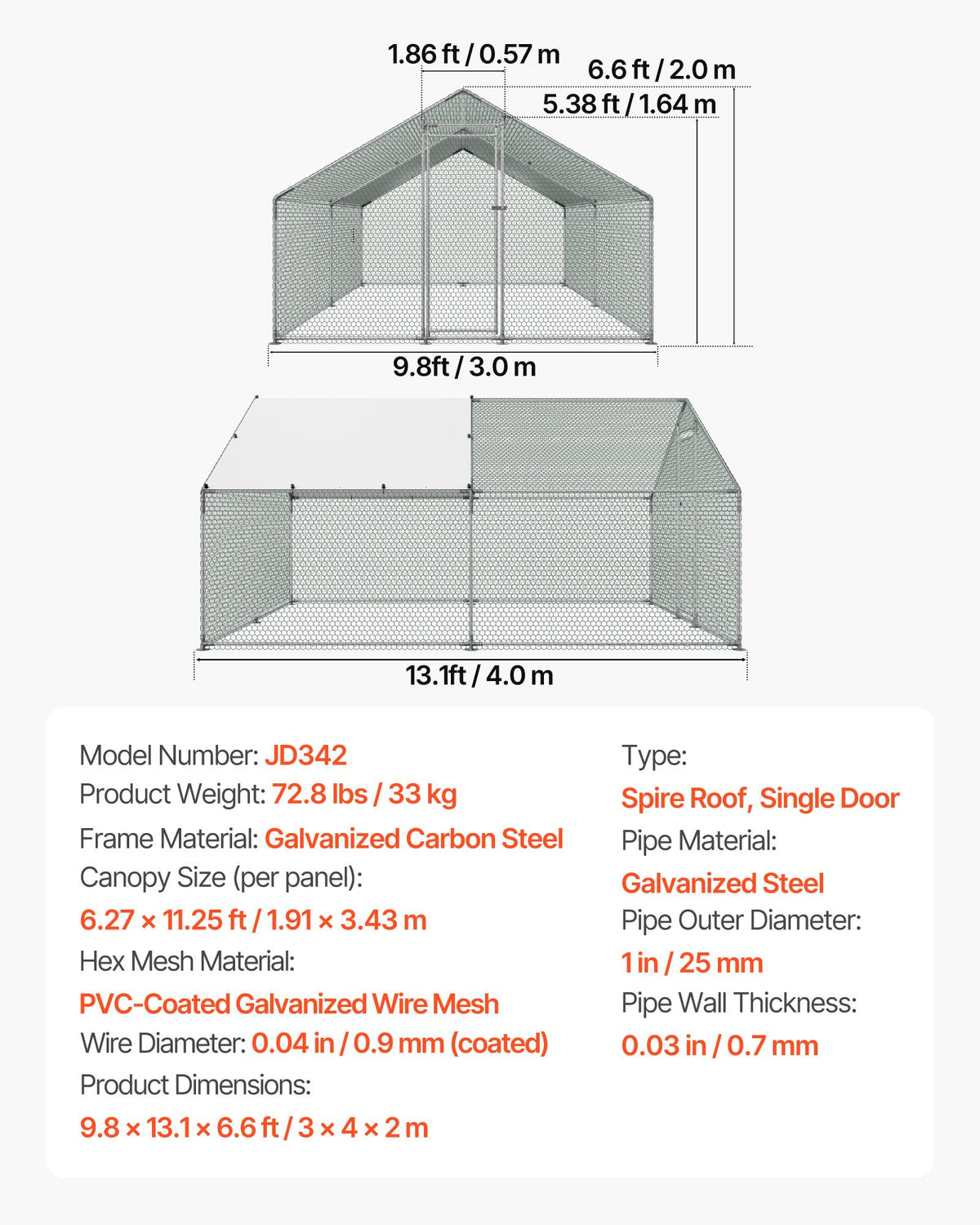 VEVOR Metal Chicken Coop, 9.8x13.1x6.5 ft Large Walk-in Chicken Runs with Cover, Spire Roof Hen House Enclosure with Security Lock, Outdoor Duck Rabbit Cage Poultry Pen for Backyard, Farm, Yard