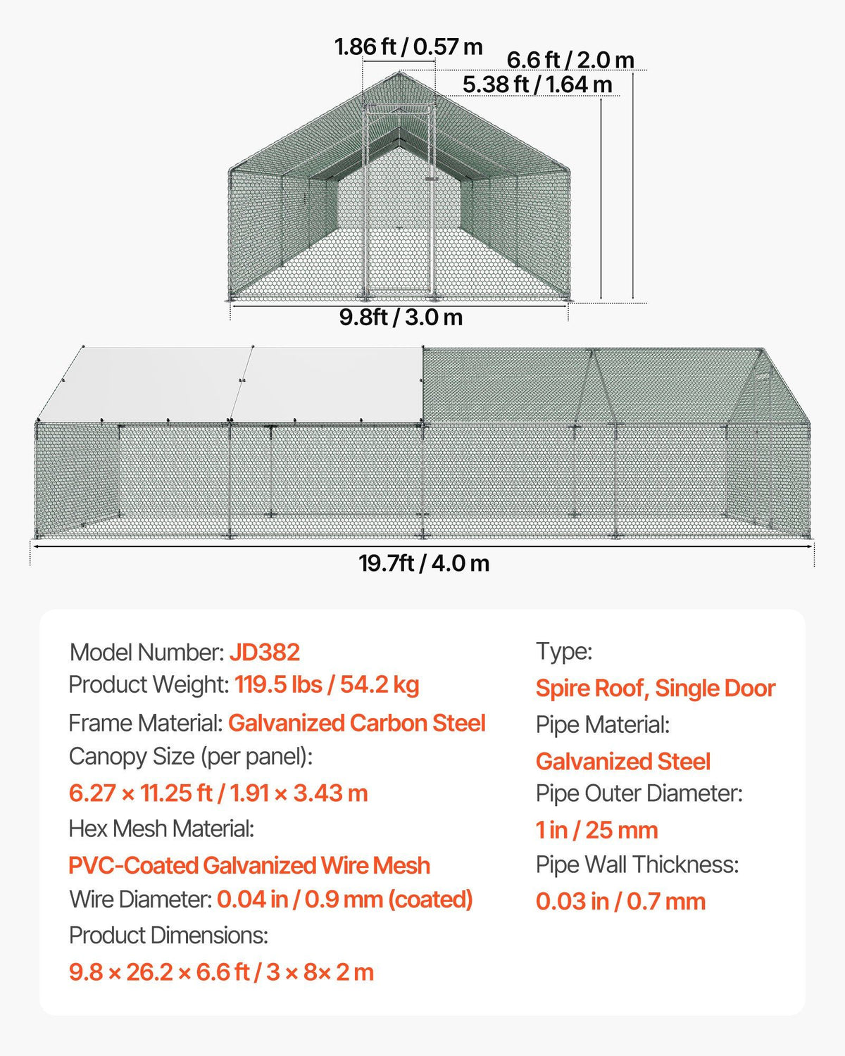 Metal Chicken Coop, 9.8x26.2x6.5 ft Large Walk-in Chicken Runs with Cover, Spire Roof Hen House Enclosure with Security Lock, Outdoor Duck Rabbit Cage Poultry Pen for Backyard, Farm, Yard