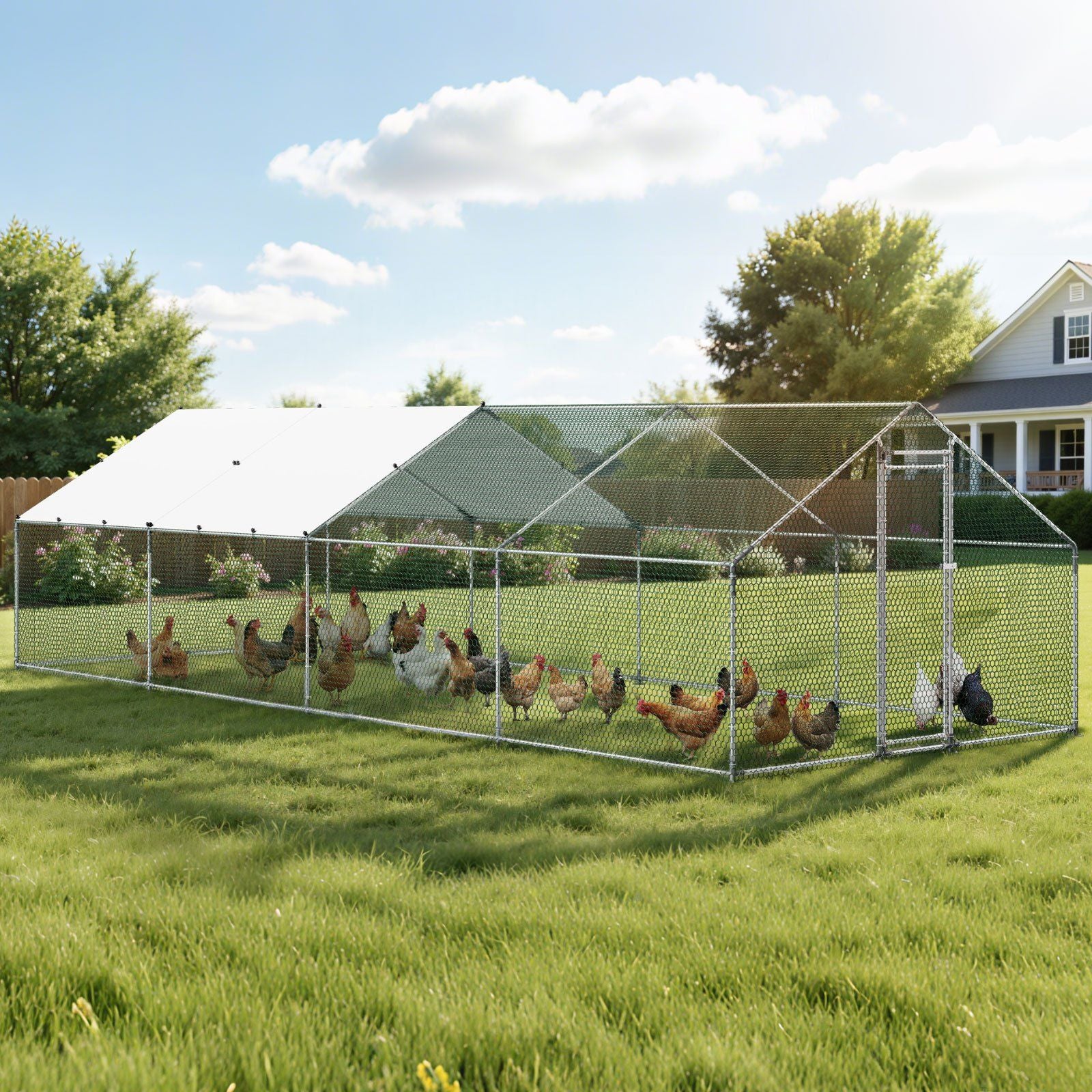 Metal Chicken Coop, 9.8x26.2x6.5 ft Large Walk-in Chicken Runs with Cover, Spire Roof Hen House Enclosure with Security Lock, Outdoor Duck Rabbit Cage Poultry Pen for Backyard, Farm, Yard