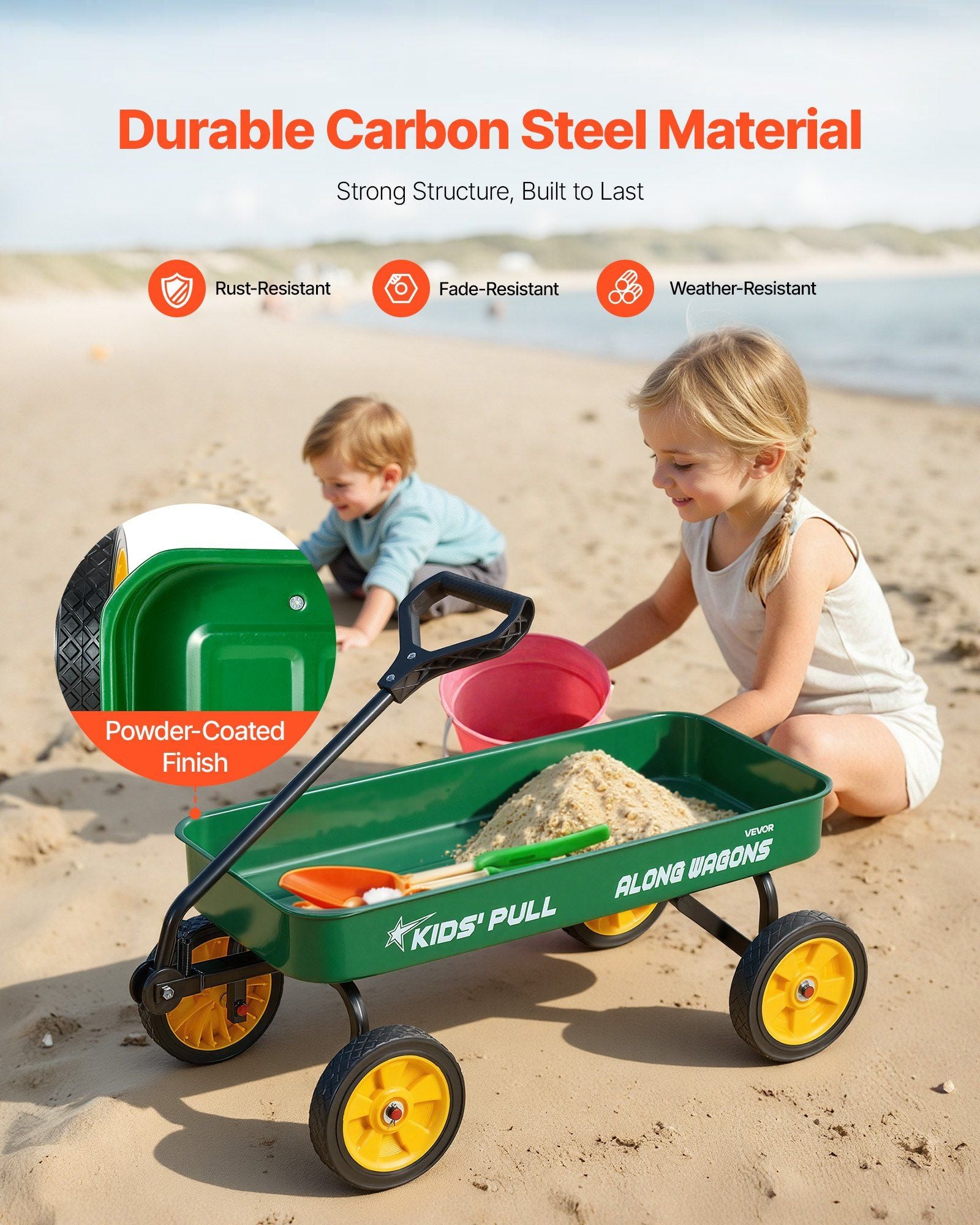 Pull-Along Wagon for Kids, 101 cm Toddler Wagons, Supports up to 80kg, All-Terrain Wagons with Handle, Utility Wagon Cart Birthday Present for Kids Gardening Beach Camping, Green