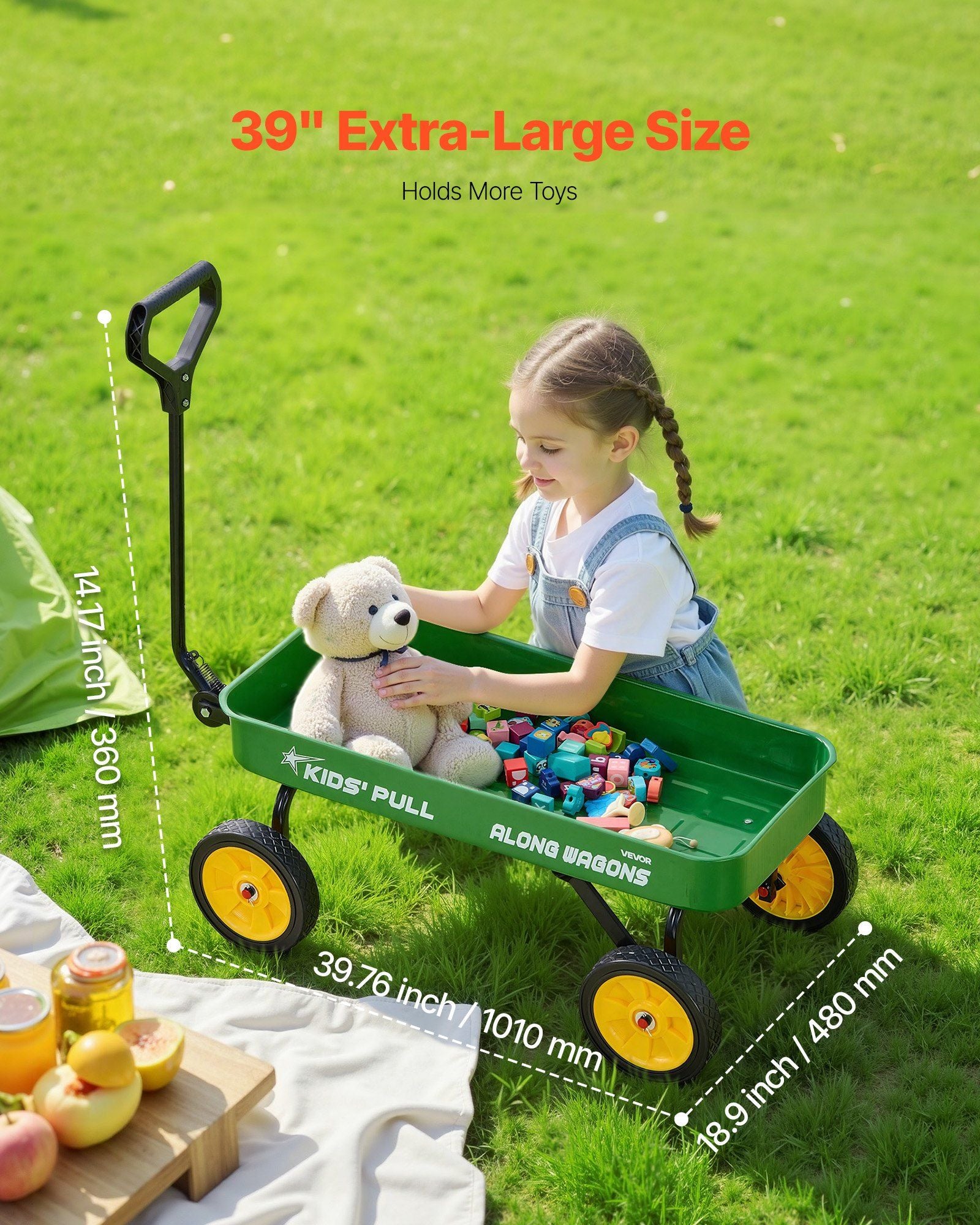 Pull-Along Wagon for Kids, 101 cm Toddler Wagons, Supports up to 80kg, All-Terrain Wagons with Handle, Utility Wagon Cart Birthday Present for Kids Gardening Beach Camping, Green