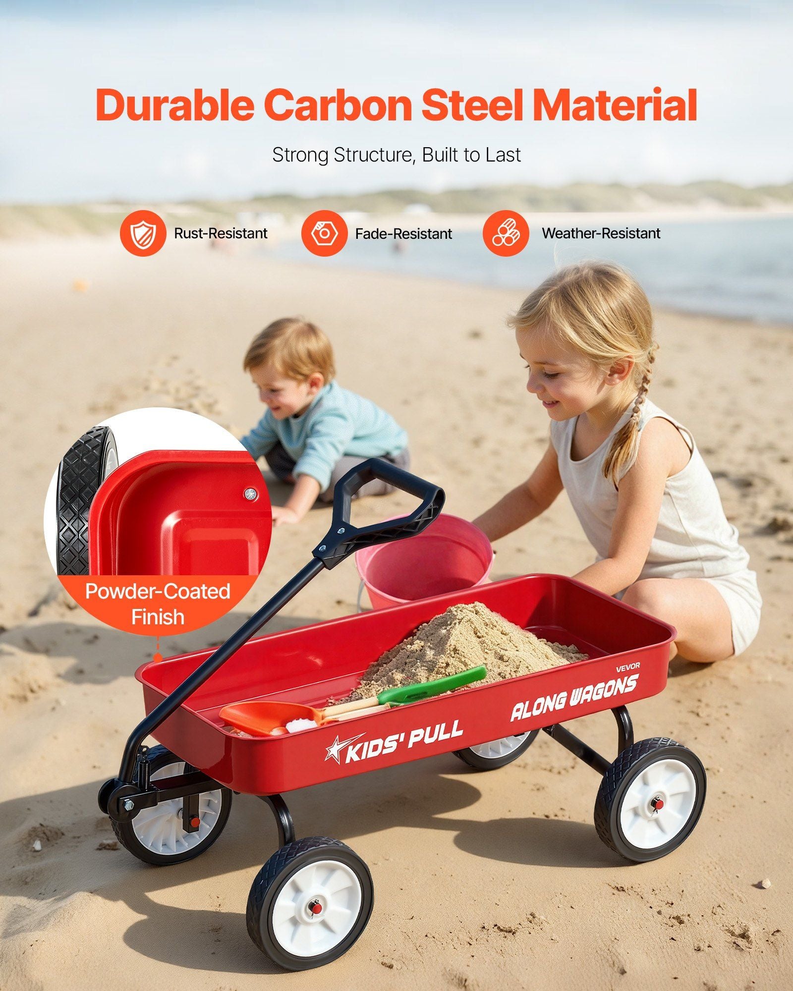 Pull-Along Wagon for Kids, 101 cm Toddler Wagons, Supports up to 80kg, All-Terrain Wagons with Handle, Utility Wagon Cart Birthday Present for Kids Gardening Beach Camping, Red
