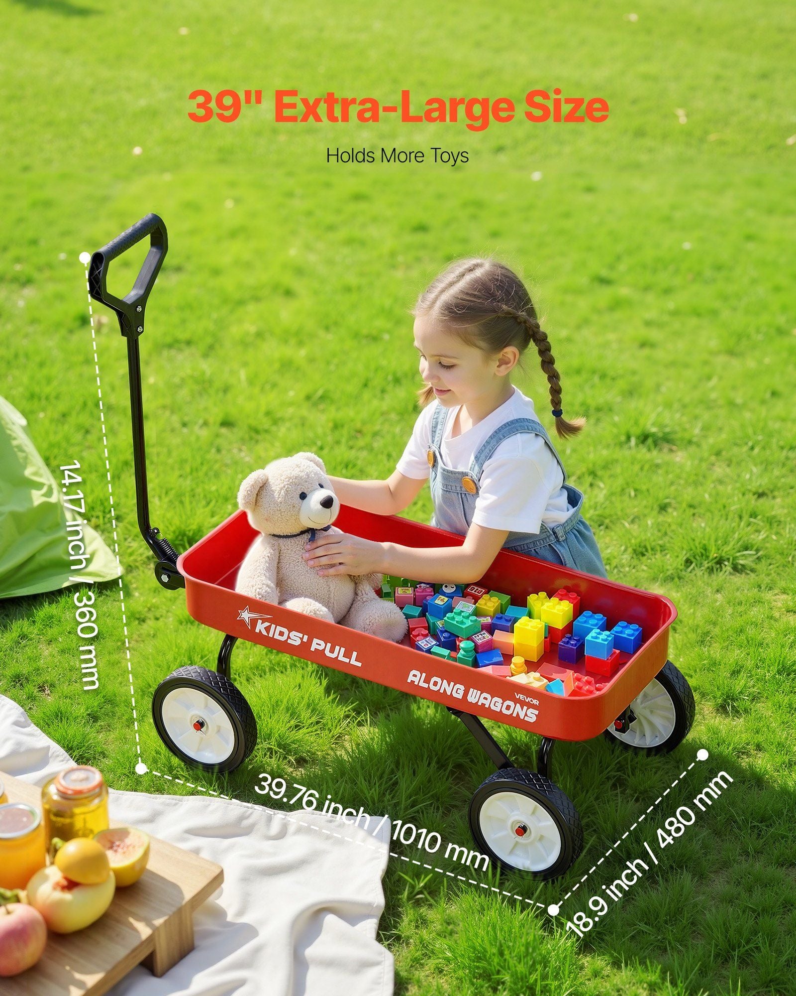Pull-Along Wagon for Kids, 101 cm Toddler Wagons, Supports up to 80kg, All-Terrain Wagons with Handle, Utility Wagon Cart Birthday Present for Kids Gardening Beach Camping, Red