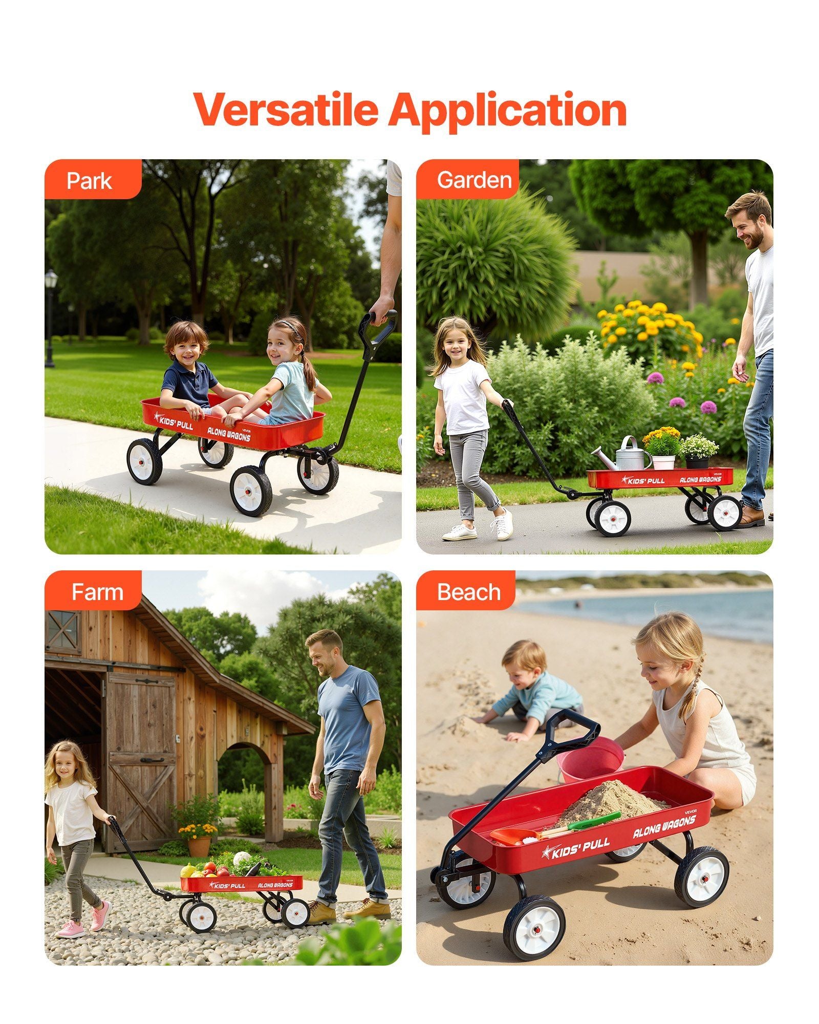 Pull-Along Wagon for Kids, 101 cm Toddler Wagons, Supports up to 80kg, All-Terrain Wagons with Handle, Utility Wagon Cart Birthday Present for Kids Gardening Beach Camping, Red