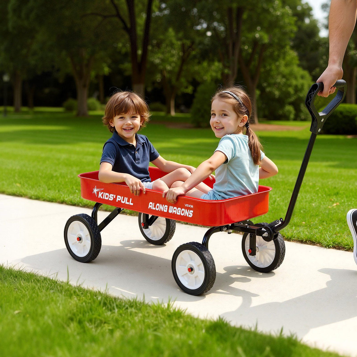 Pull-Along Wagon for Kids, 101 cm Toddler Wagons, Supports up to 80kg, All-Terrain Wagons with Handle, Utility Wagon Cart Birthday Present for Kids Gardening Beach Camping, Red
