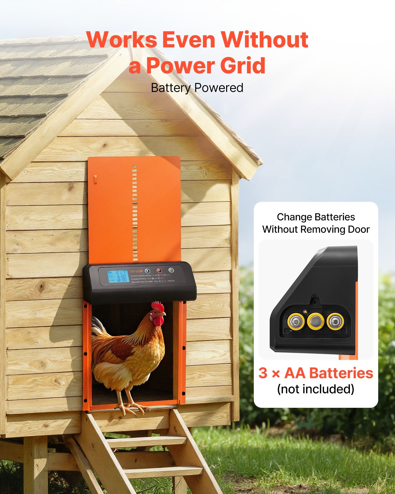 VEVOR Automatic Chicken Coop Door, Battery Powered Chicken Coop Door with Timer & Manual Setting, Anti-Pinch Security, Durable Aluminum Alloy, Chick Run Gate Opener with Waterproof Sealing, Orange
