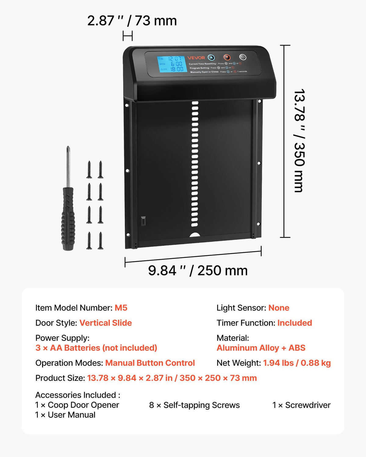Automatic Chicken Coop Door, Battery Powered Chicken Coop Door with Timer & Manual Setting, Anti-Pinch Security, Durable Aluminum Alloy, Auto Chick Run Gate Opener with Waterproof Sealing, Black