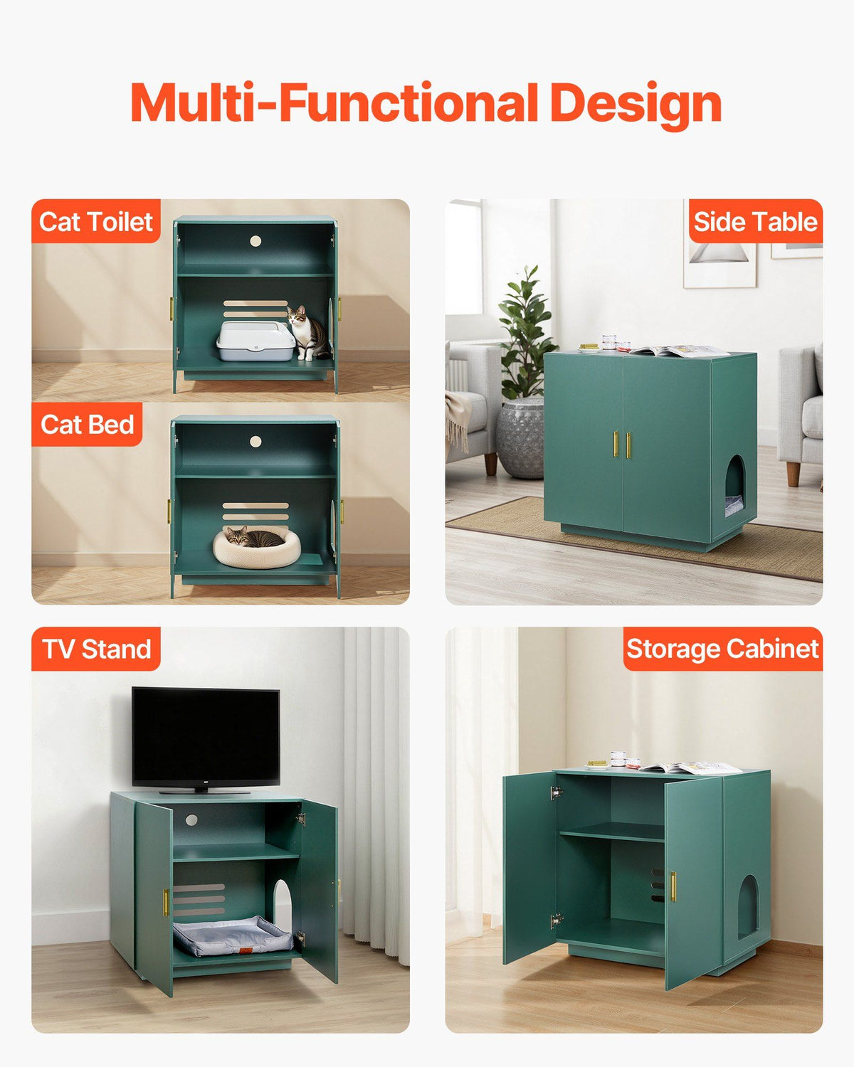 Cat Litter Box Enclosure, 80 cm Hidden Litter Box Cabinet, Wooden Indoor Cat Washroom with Ventilated Holes, Double-Door Kitty Pet House Furniture, End Side Table Fit Most Litterboxes