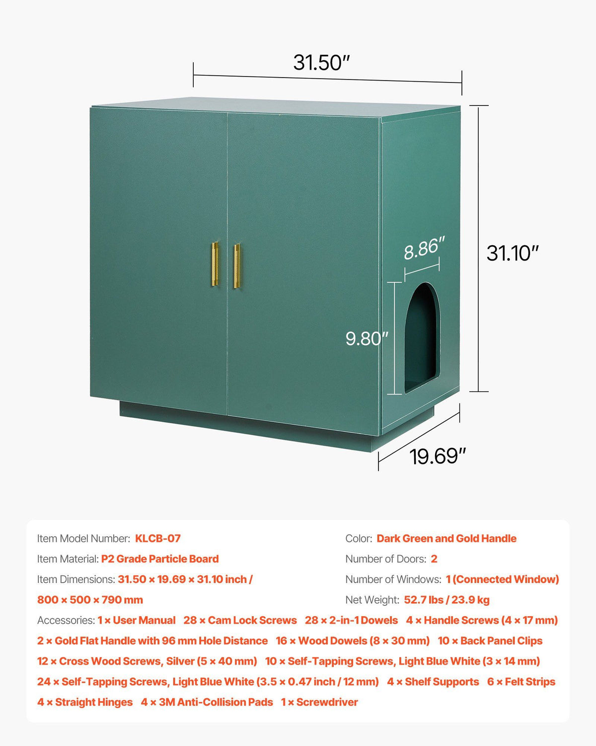 Cat Litter Box Enclosure, 80 cm Hidden Litter Box Cabinet, Wooden Indoor Cat Washroom with Ventilated Holes, Double-Door Kitty Pet House Furniture, End Side Table Fit Most Litterboxes