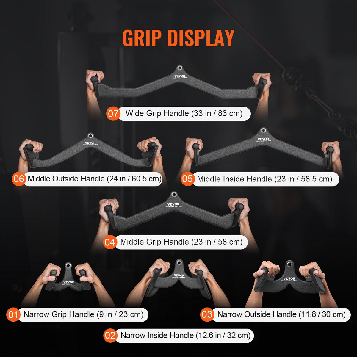 LAT Pulldown Attachments, Cable Machine Rowing T-bar V-bar 7 Set, Tricep Pull Down Bar, Back Strength Training Rubber Coated Handle Grip, Bicep Curl Tricep Lat Pulldown Bar for Home Gym Fitness