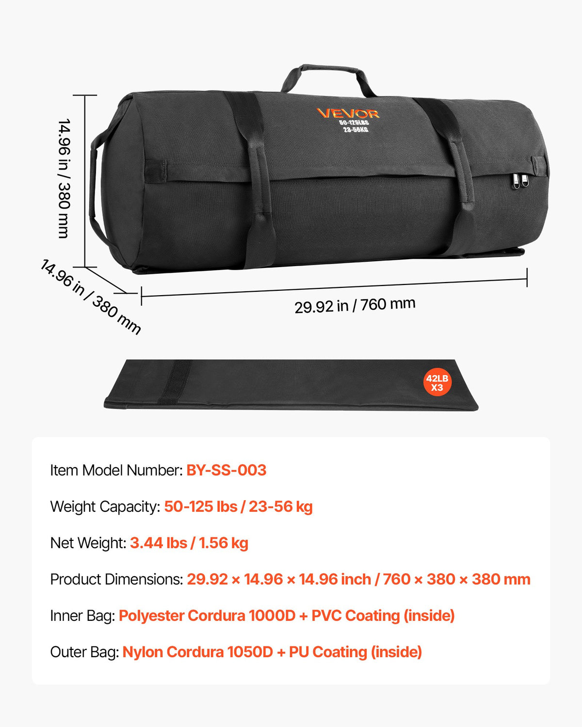 VEVOR Workout Sandbag, Heavy Duty Workout Power Bags with Handles, 23-56 kg Adjustable Slam Bag for Fitness Strength Weight Training Cross-Training, Home Gym Exercise, Black (Unfilled)