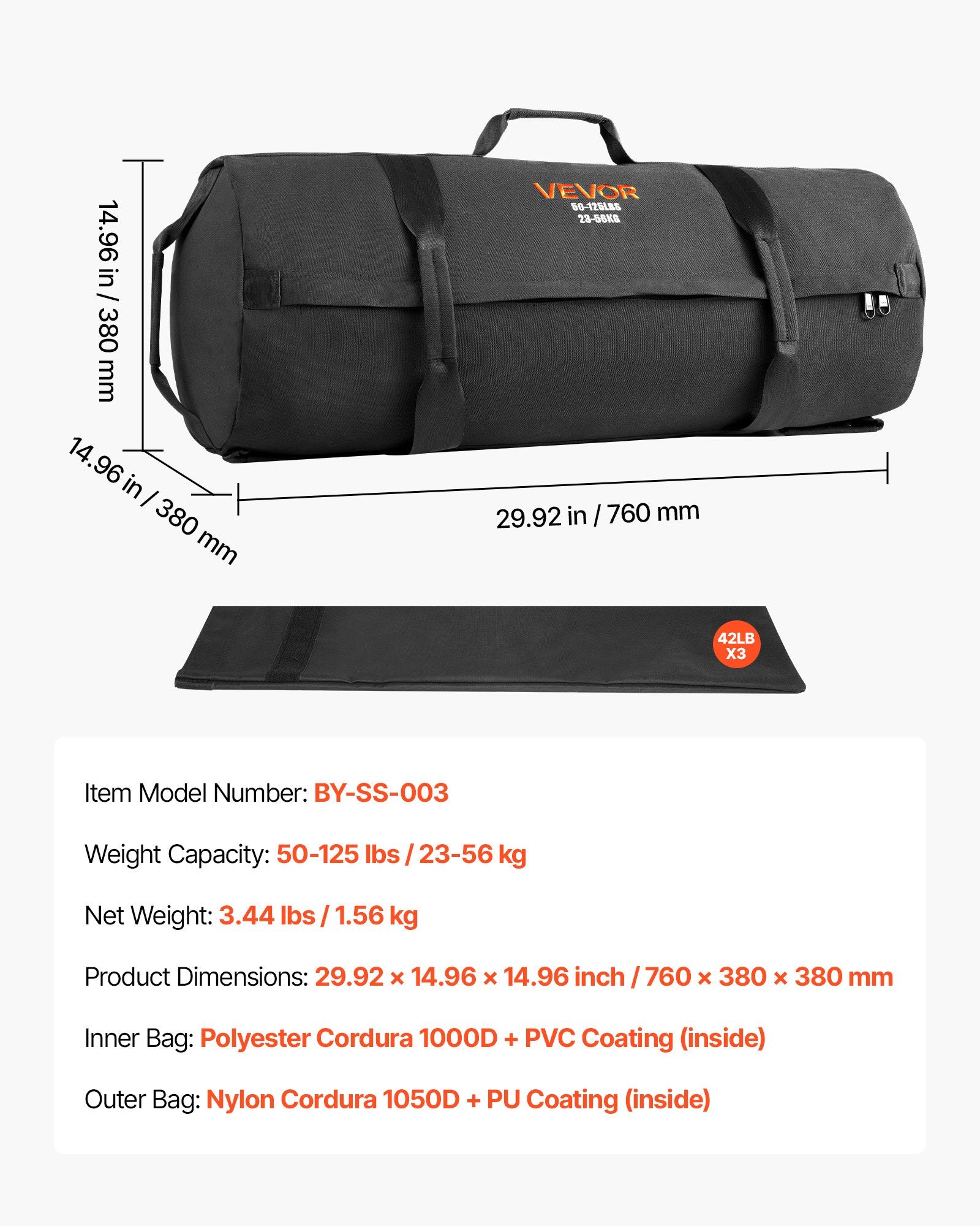 VEVOR Workout Sandbag, Heavy Duty Workout Power Bags with Handles, 23-56 kg Adjustable Slam Bag for Fitness Strength Weight Training Cross-Training, Home Gym Exercise, Black (Unfilled)