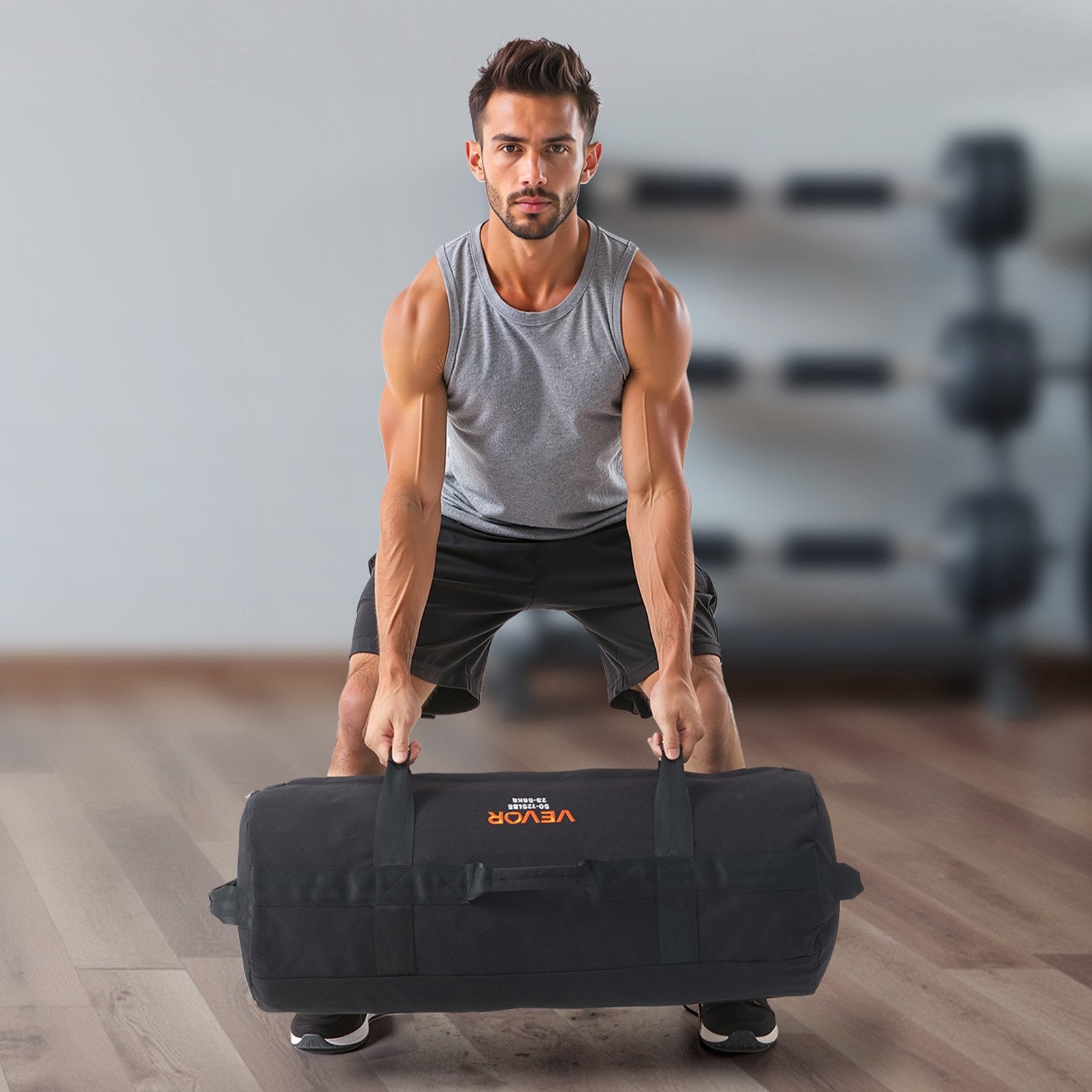 VEVOR Workout Sandbag, Heavy Duty Workout Power Bags with Handles, 23-56 kg Adjustable Slam Bag for Fitness Strength Weight Training Cross-Training, Home Gym Exercise, Black (Unfilled)