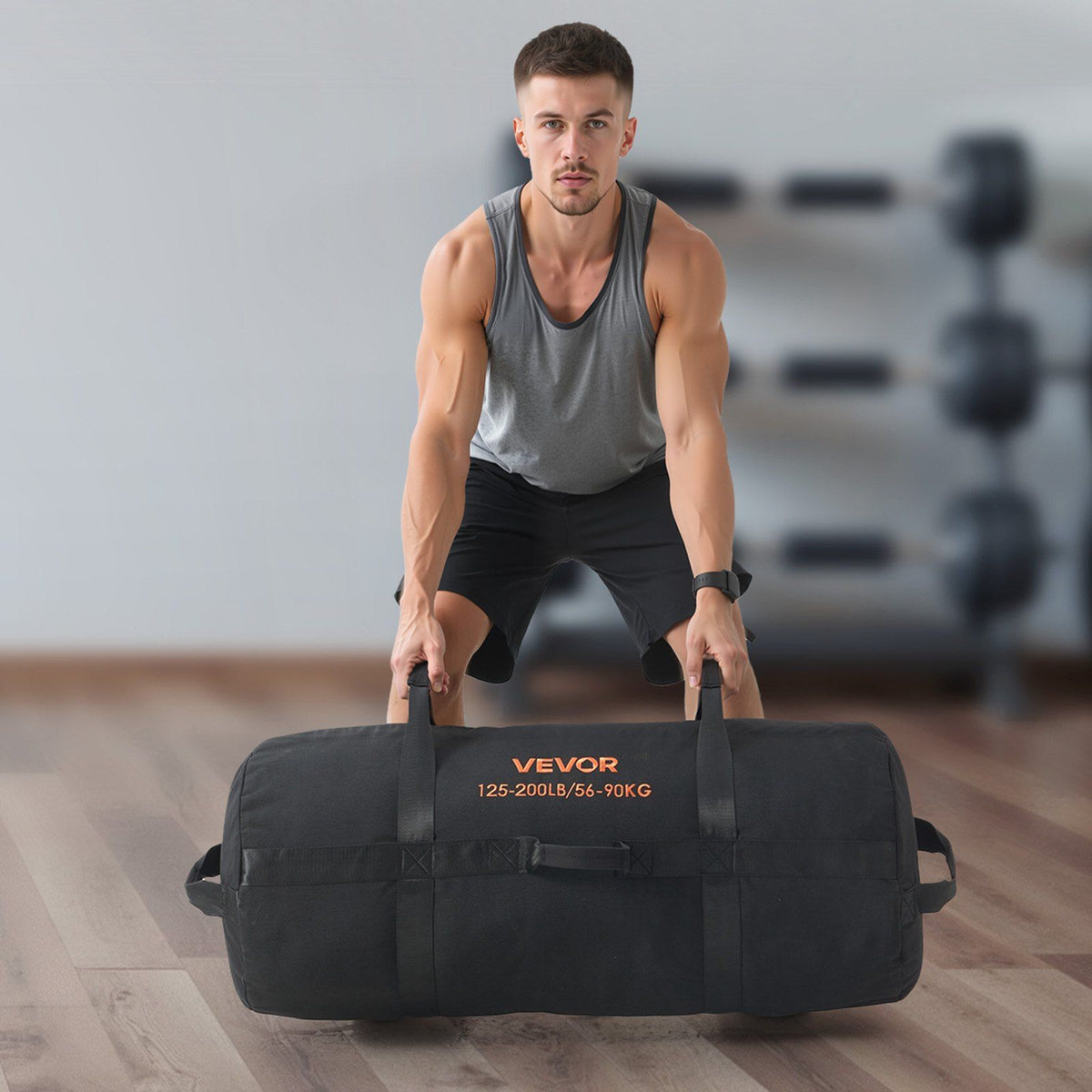 Workout Sandbag, Heavy Duty Workout Power Bags with Handles, 56-90 kg Adjustable Slam Bag for Fitness Strength Weight Training Cross-Training, Home Gym Exercise, Black (Unfilled)