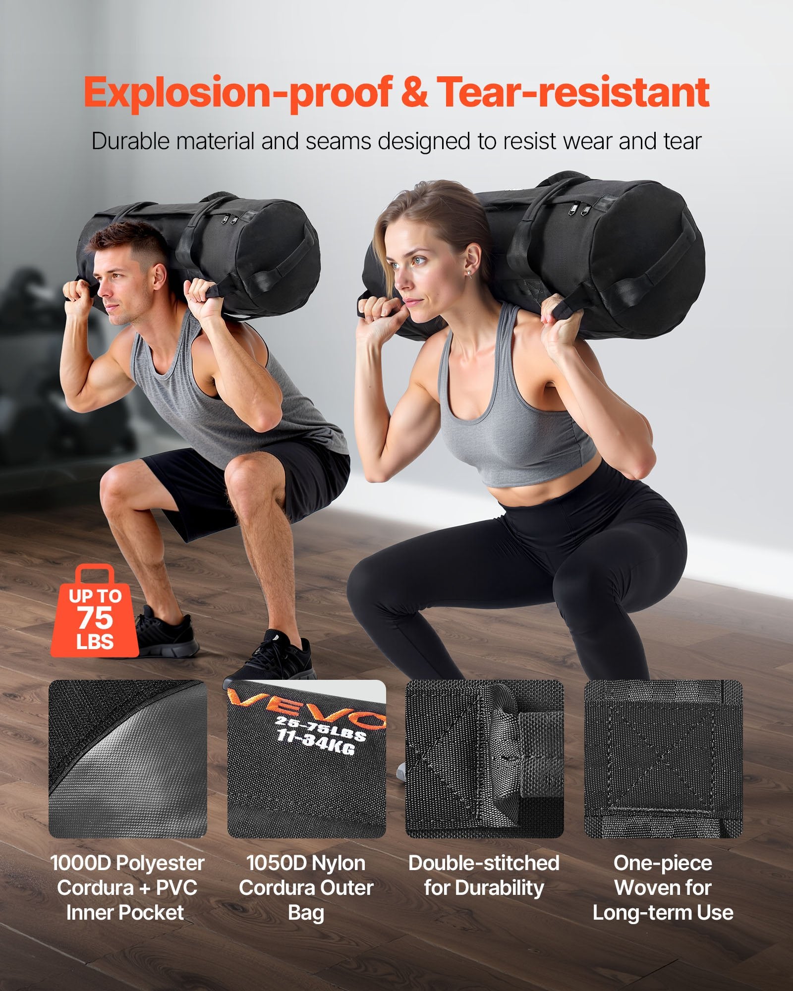 VEVOR Workout Sandbag, Heavy Duty Workout Power Bags with Handles, 11-34 kg Adjustable Slam Bag for Fitness Strength Weight Training Cross-Training, Home Gym Exercise, Black (Unfilled)