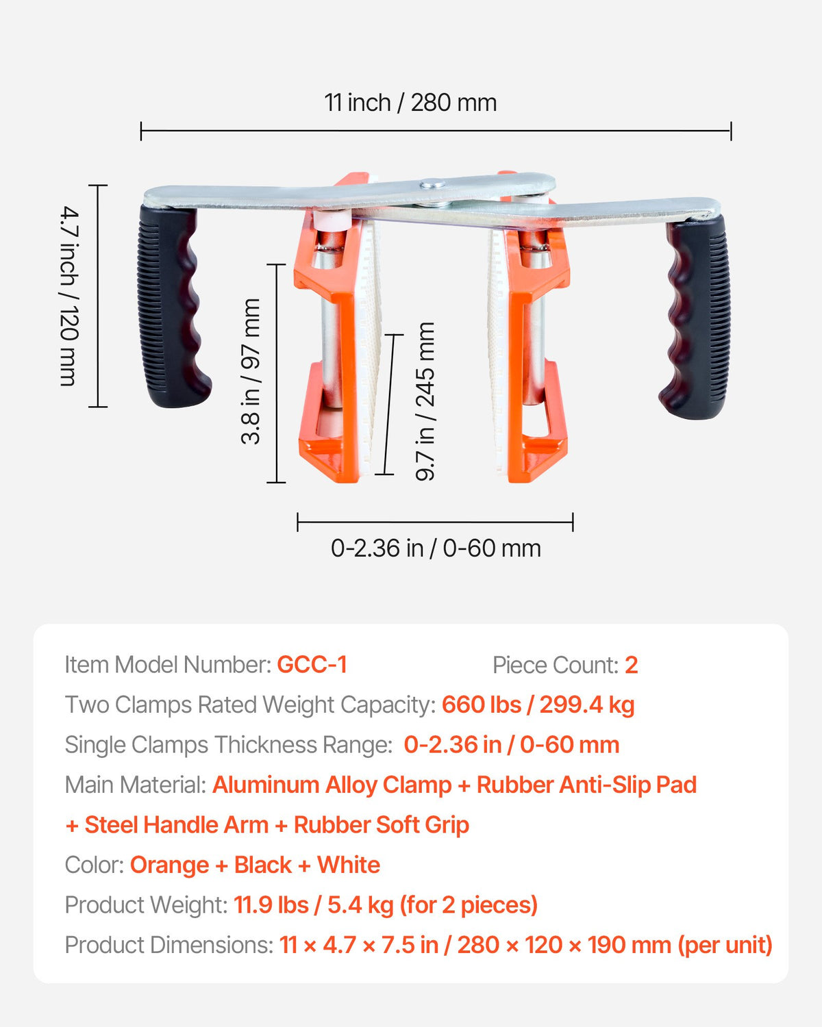 VEVOR Double Handed Stone Carrying Clamps, 299 kg Load Capacity, 2 Pack Granite Panel Carriers Lifting Tools with Rubber-lined (0-60 mm), Heavy Duty lifting Clamps for Plywood, Glass, Granite
