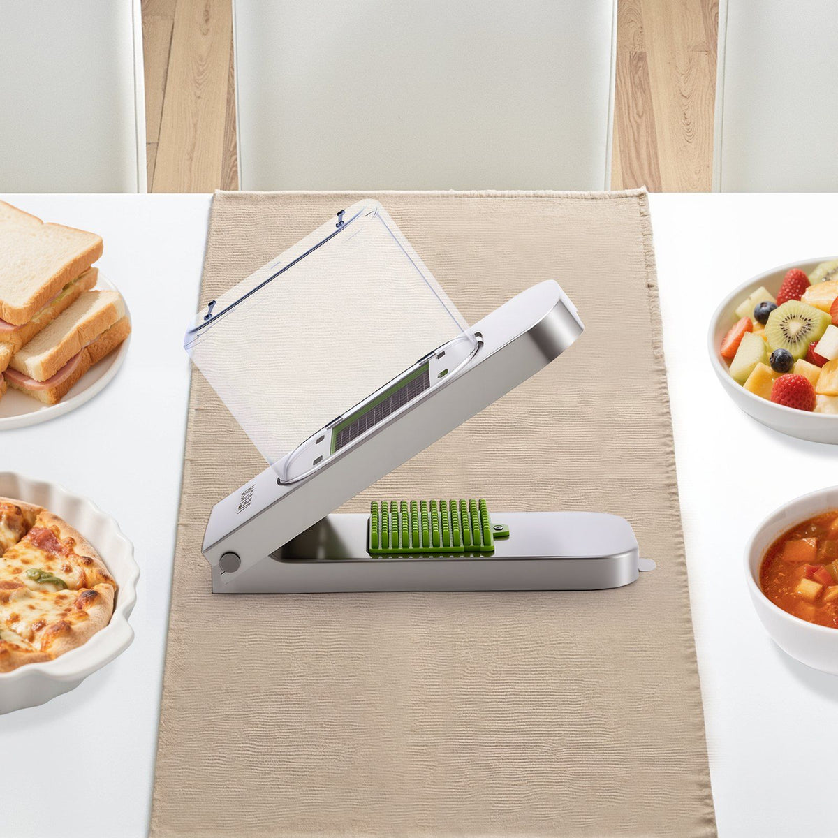 Vegetable Chopper, Food Veggie Cutter with 3 Stainless Steel Blades, Onion Slicer with Container, Salad Potato Dicer Kitchen Gadgets & Essentials Home Appliances Tools for Easy DIY, Silver