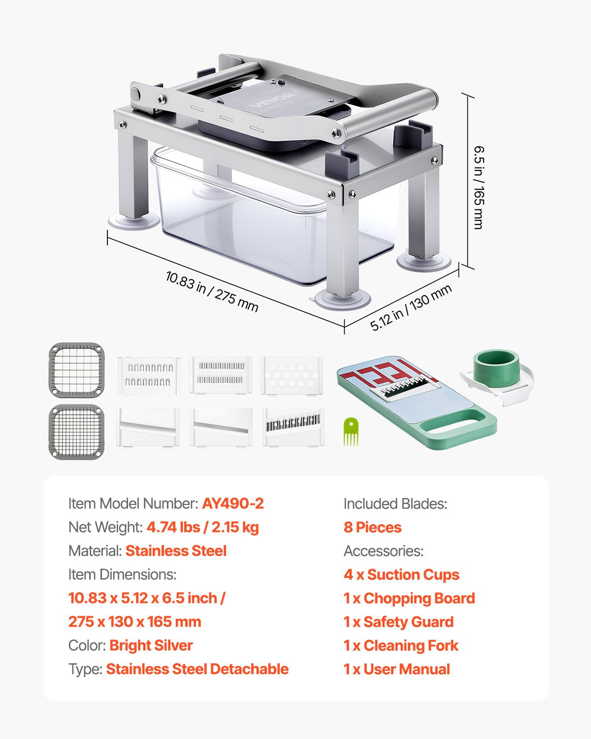 VEVOR Vegetable Chopper Mandoline Slicer, All-in-1 Food Veggie Cutter with 8 Stainless Steel Blades, Cheese Grater Onion Potato Salad Dicer with Container,Kitchen Gadgets&Essentials Home Appliances