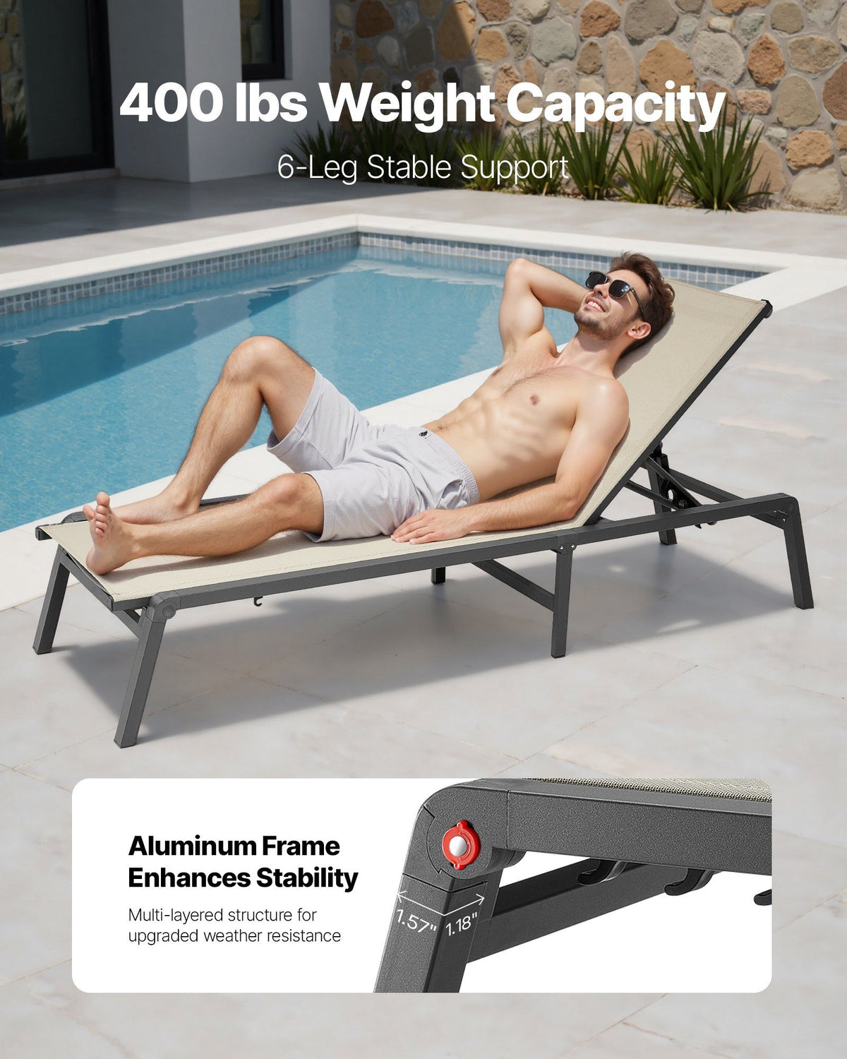 Outdoor Chaise Lounge Chair, 181 kg Weight Capacity, Foldable Sun Tanning Chair, 5 Adjustable Positions, Easy Assembly, Heavy Duty Aluminum Pool Recliner Lounge Chairs, for Beach Yard Patio