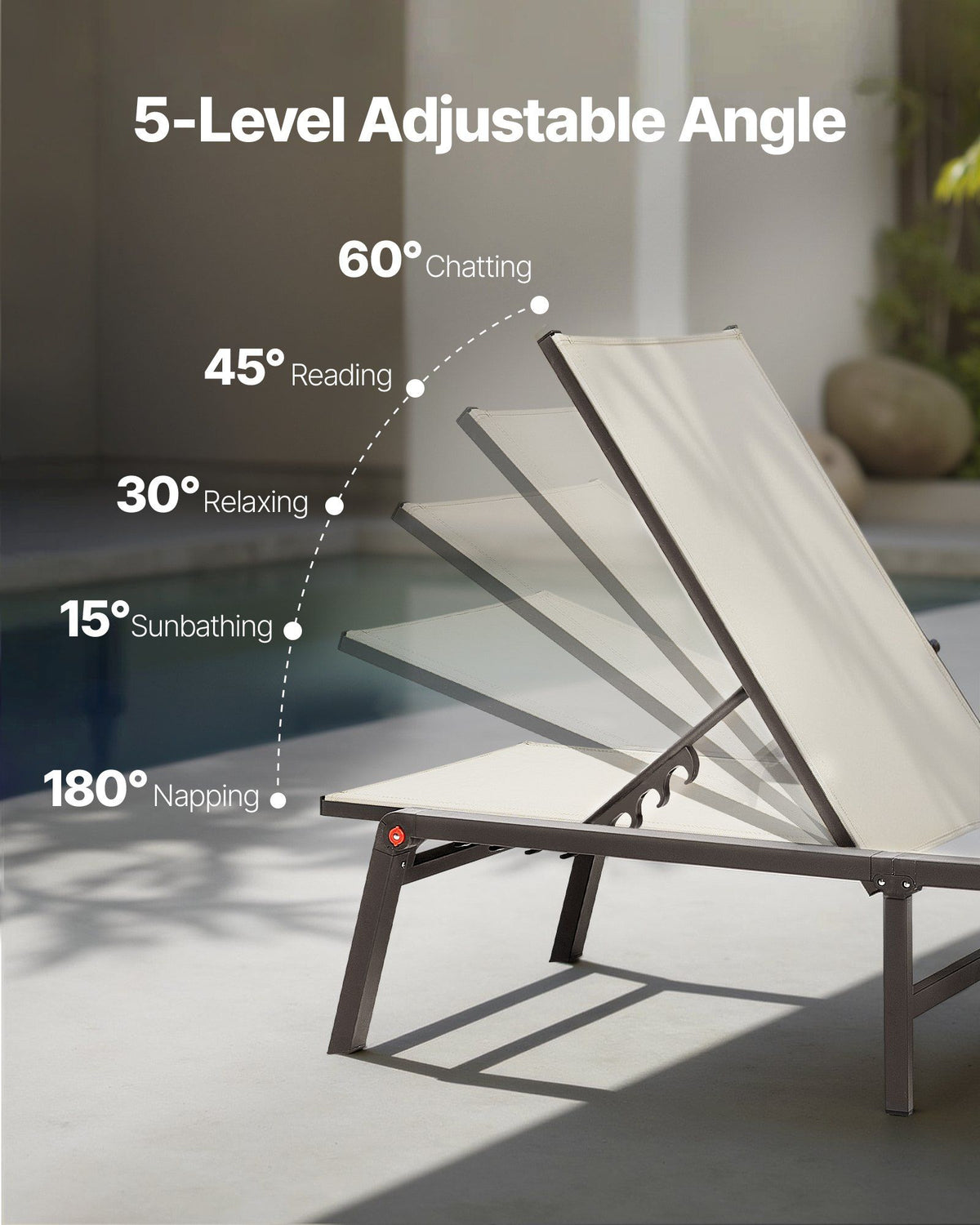 Outdoor Chaise Lounge Chair, 181 kg Weight Capacity, Foldable Sun Tanning Chair, 5 Adjustable Positions, Easy Assembly, Heavy Duty Aluminum Pool Recliner Lounge Chairs, for Beach Yard Patio