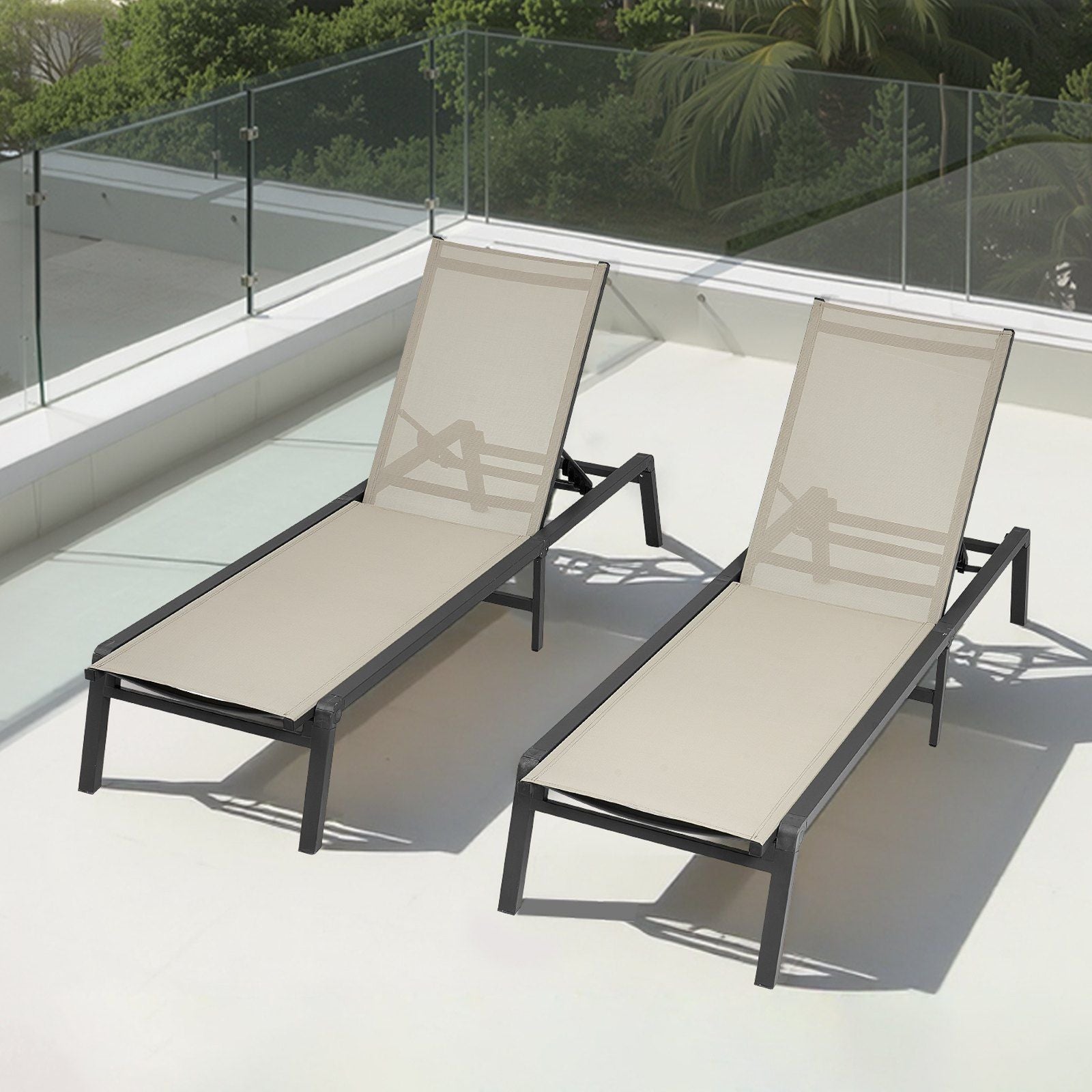 Outdoor Chaise Lounge Chair, 181 kg Weight Capacity, Foldable Sun Tanning Chair, 5 Adjustable Positions, Easy Assembly, Heavy Duty Aluminum Pool Recliner Lounge Chairs, for Beach Yard Patio