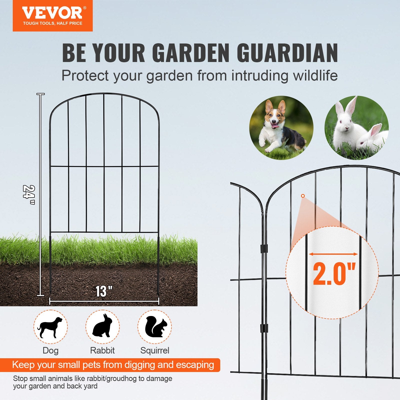 VEVOR Garden Fence, No Dig Fence 61 x 33 cm Animal Barrier Fence, Underground Decorative Garden Fencing with 5.08 cm Spike Spacing, Metal Dog Fence for the Yard and Outdoor Patio, 28 Pack