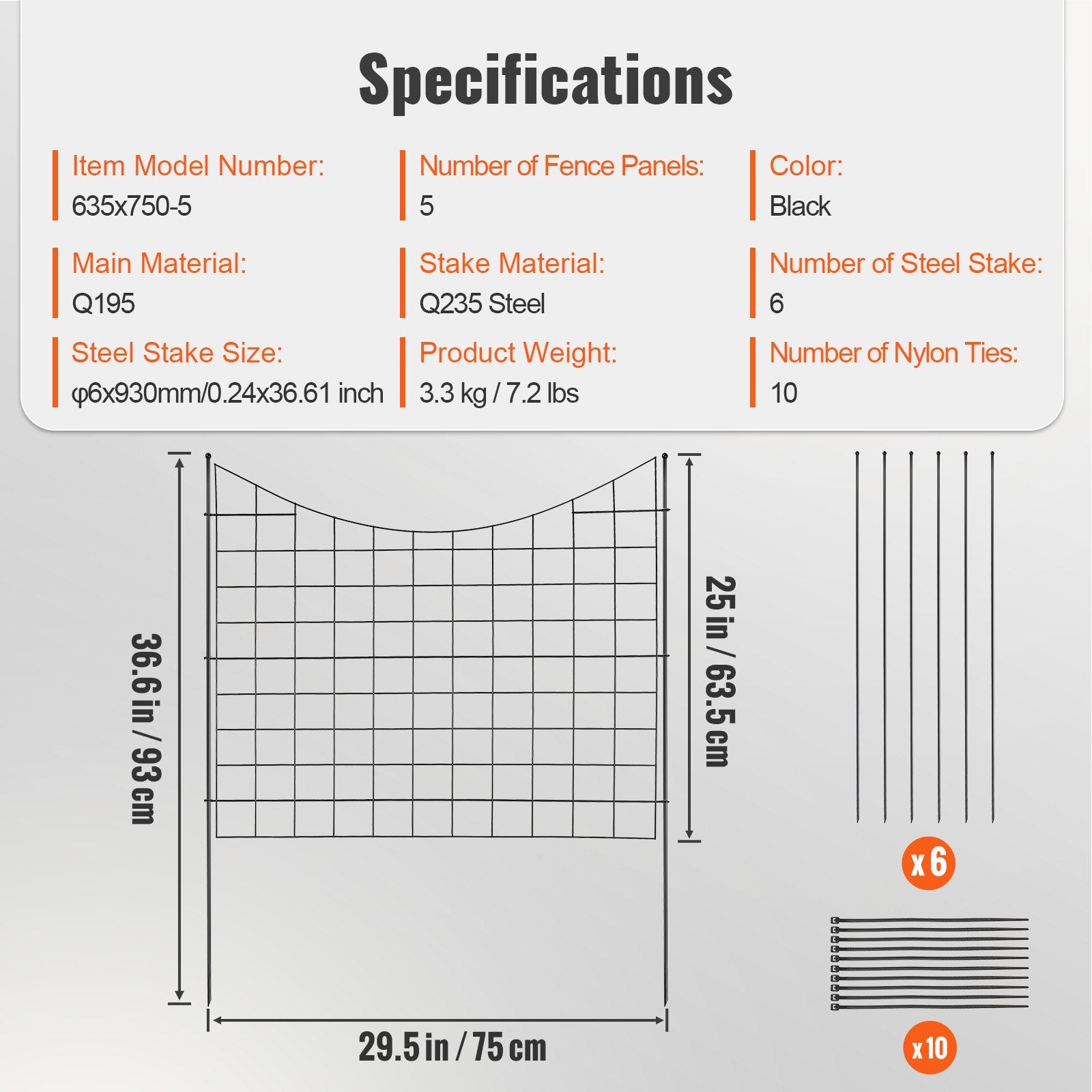 VEVOR Garden Fence, 75×93 cm Animal Barrier Fence, Underground Decorative Garden Fencing with 6.38 cm Spike Spacing, Metal Dog Fence for the Yard and Outdoor Patio, 5 Pack