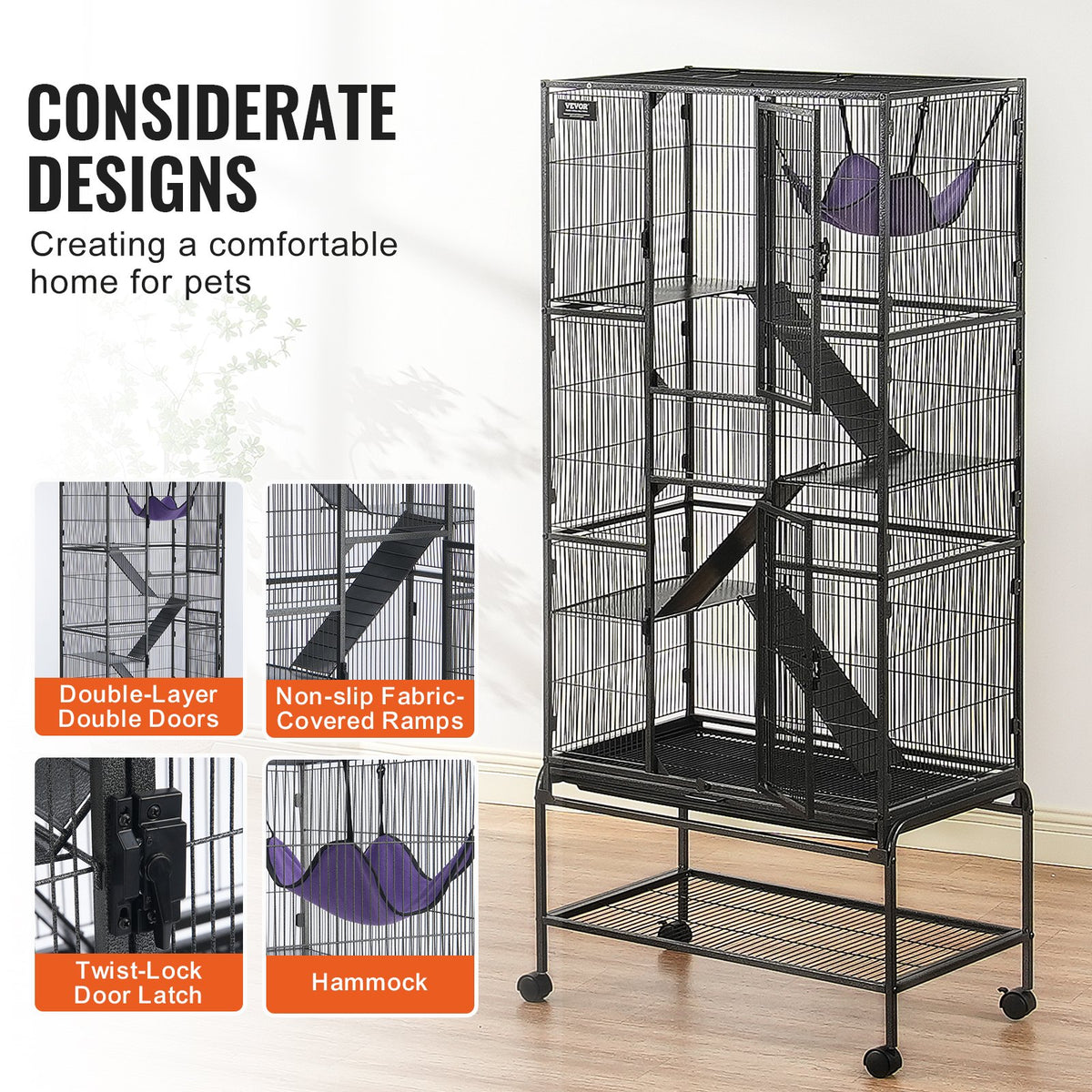 VEVOR 69" Metal Small Animal Cage 4-Tier Rolling Ferret Cage with Tray 3 Ramps