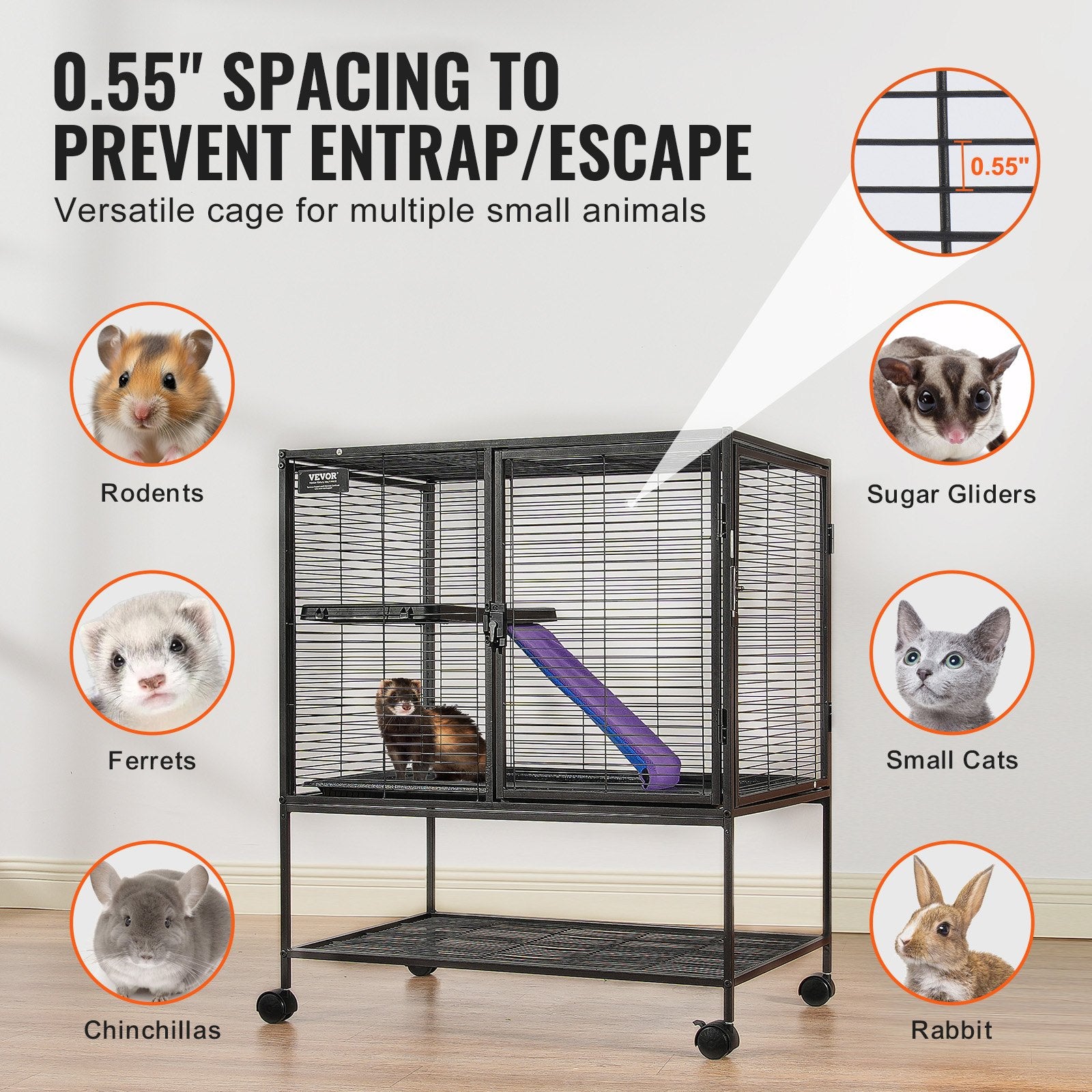 VEVOR 36" Metal Small Animal Cage 2-Tier Rolling Ferret Cage with Tray A Ramp