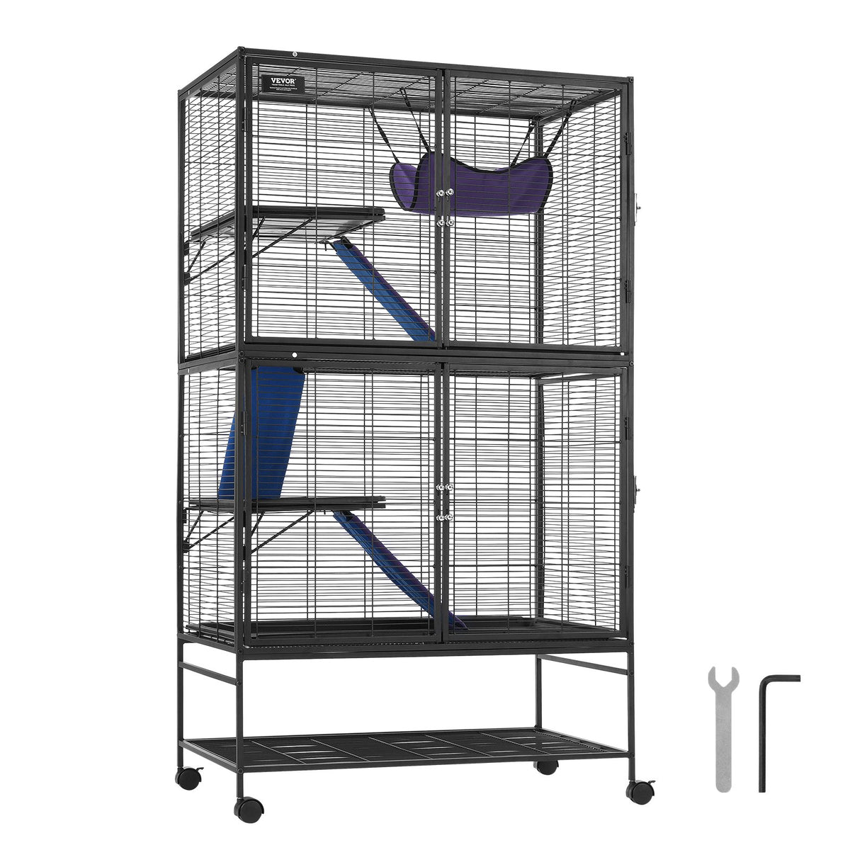 VEVOR 64.6" Metal Small Animal Cage 4-Tier Rolling Ferret Cage with Tray 3 Ramps