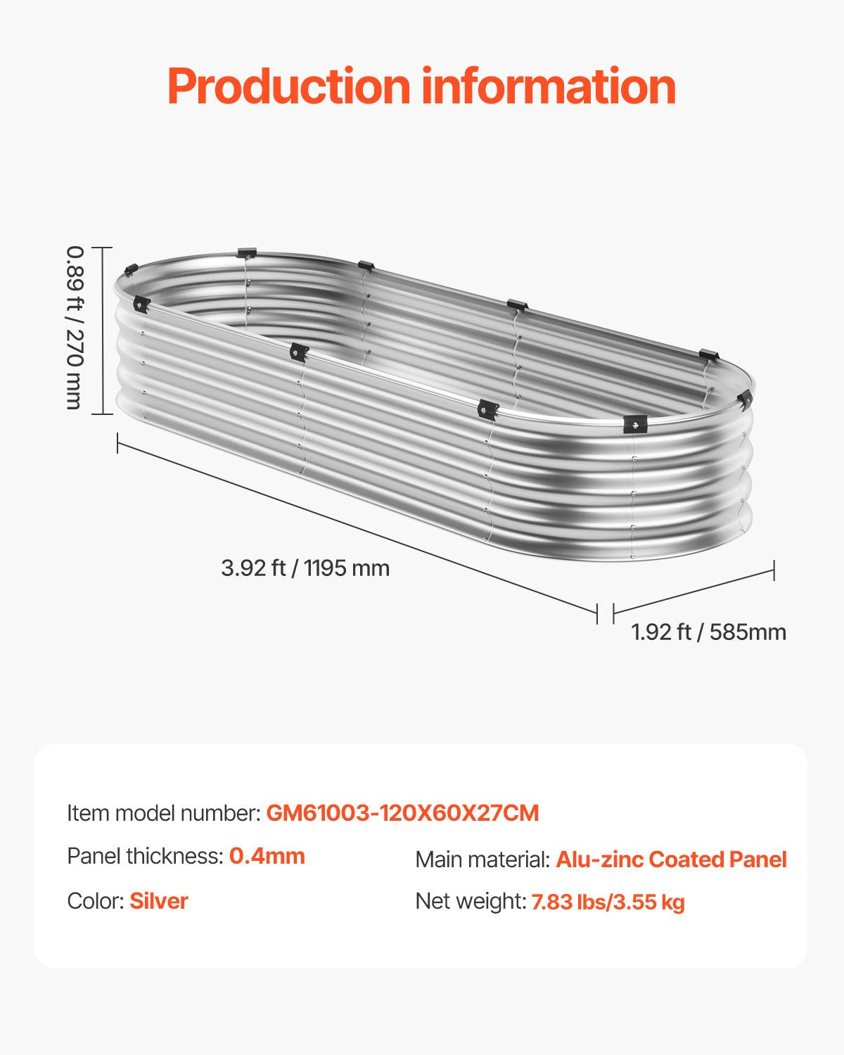 VEVOR Metal Raised Garden Bed 4x2x1 ft Outdoor Galvanized Planter Box Silver