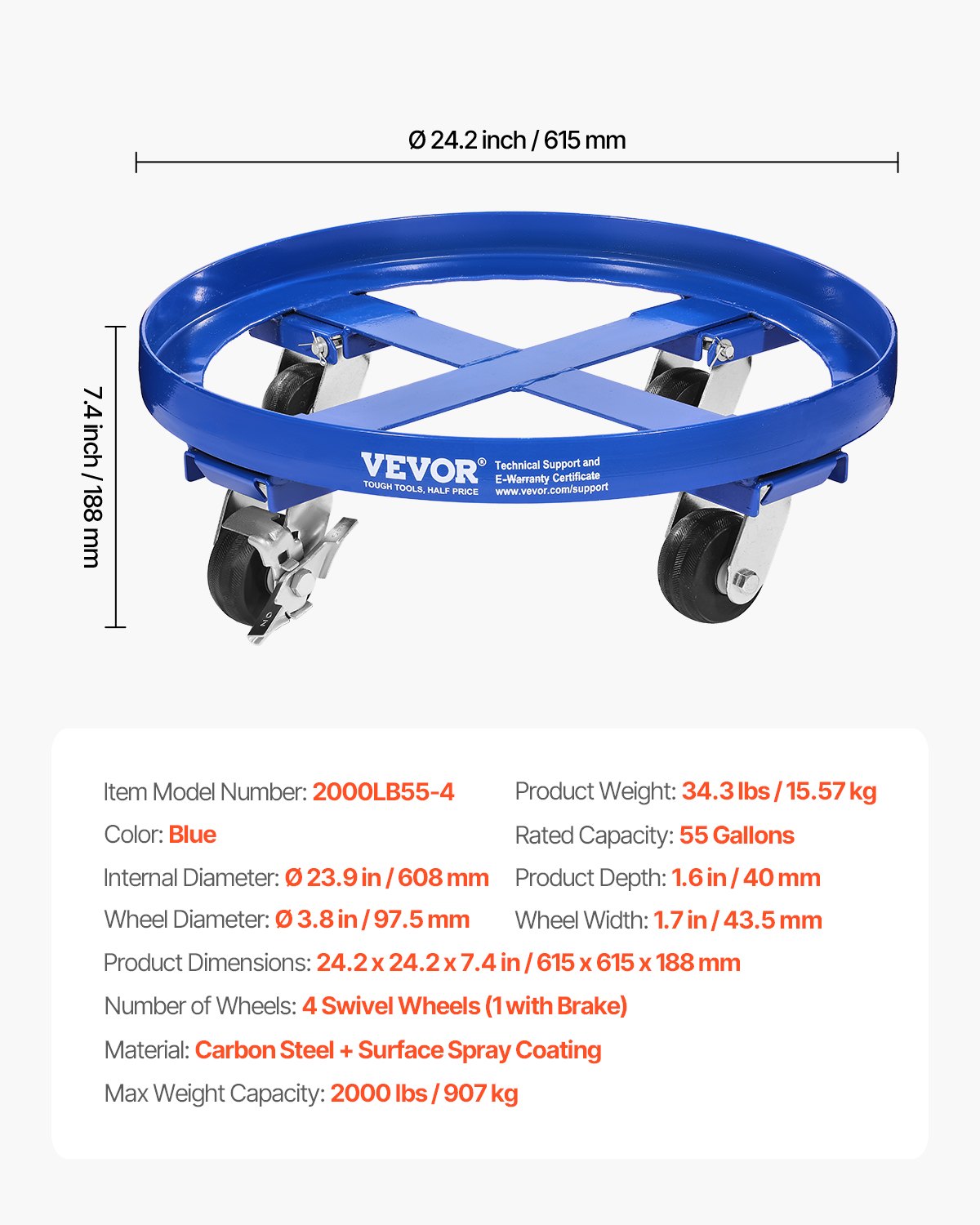 VEVOR 55 Gallon Drum Dolly 2000 lbs Barrel Dolly Cart Drum Caddy 4 Caster Wheels