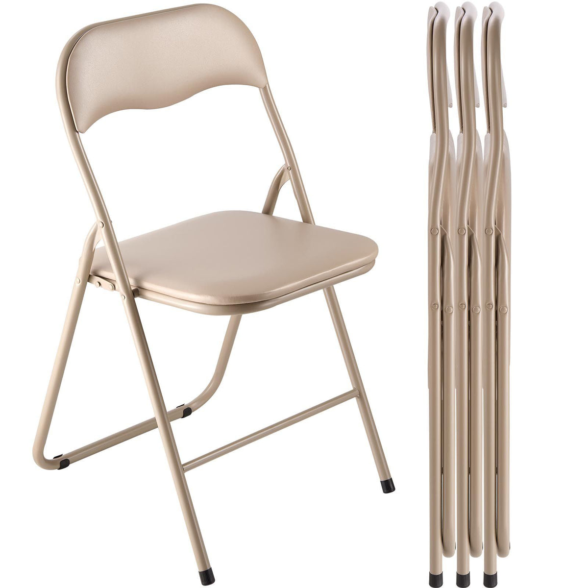 4 Pack Folding Chairs, Foldable Leather Chairs with Heavy Duty Metal Frame &amp; Padded Cushion, Portable Folding Card Table Chairs, Stackable Seats for Home, Yard, Garden, Parties, Events, Khaki