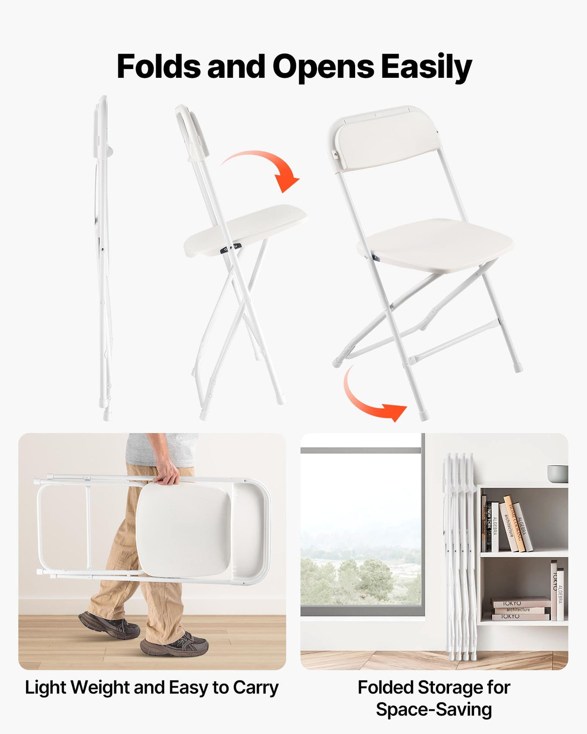 VEVOR 4 Pack Folding Chairs, Foldable Plastic Chairs with Heavy Duty Metal Frame, Portable Folding Card Table Chairs, Stackable Indoor Outdoor Seats for Home, Yard, Garden, Parties, Events, White