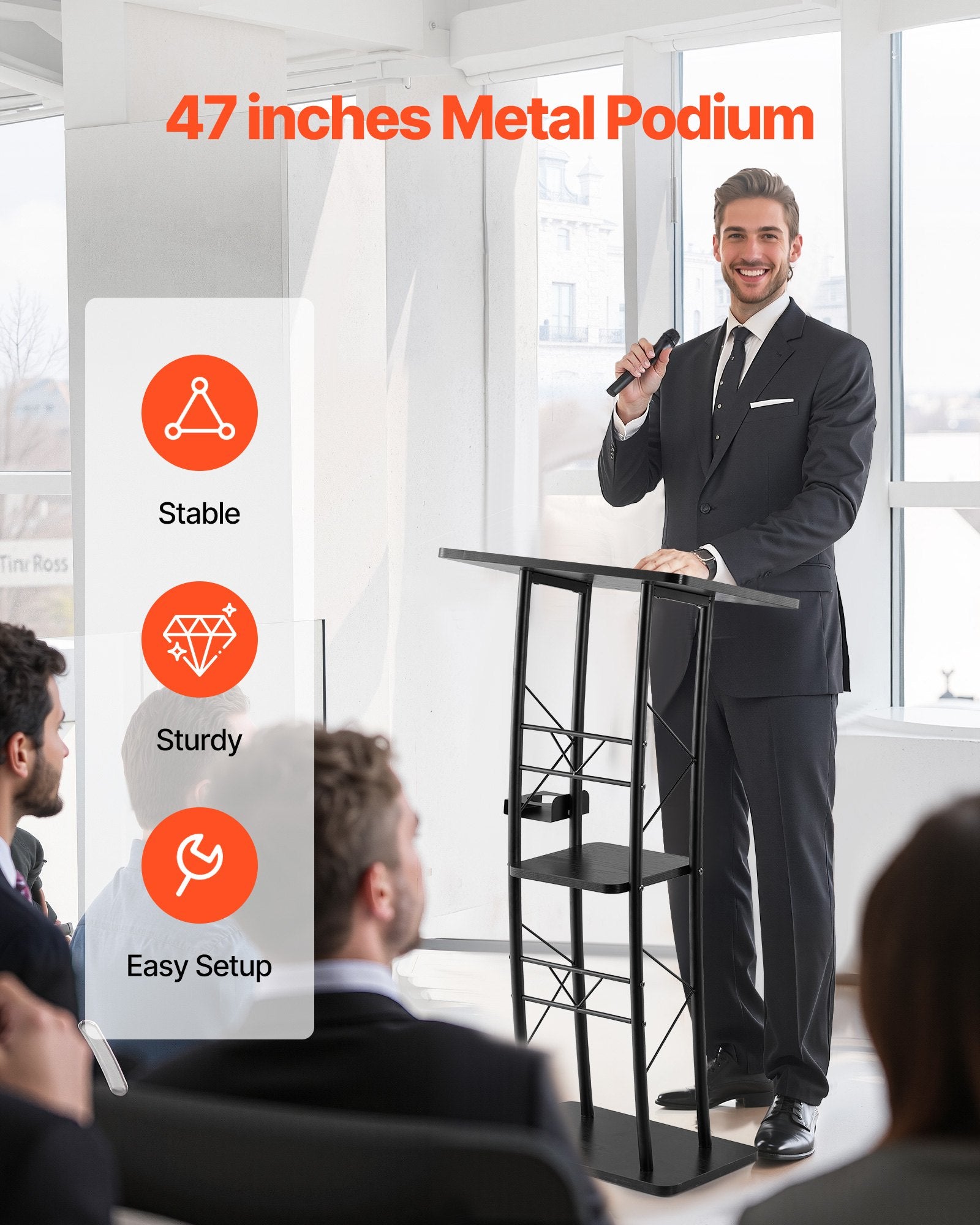 VEVOR Podium Stand, 1180 mm Metal Lectern, Curved Standing Podium  with Wide Reading Surface, Open Storage Compartment, Book Stopper, Cup Holder, for Classroom, Wedding, Conference, Speech, Concert