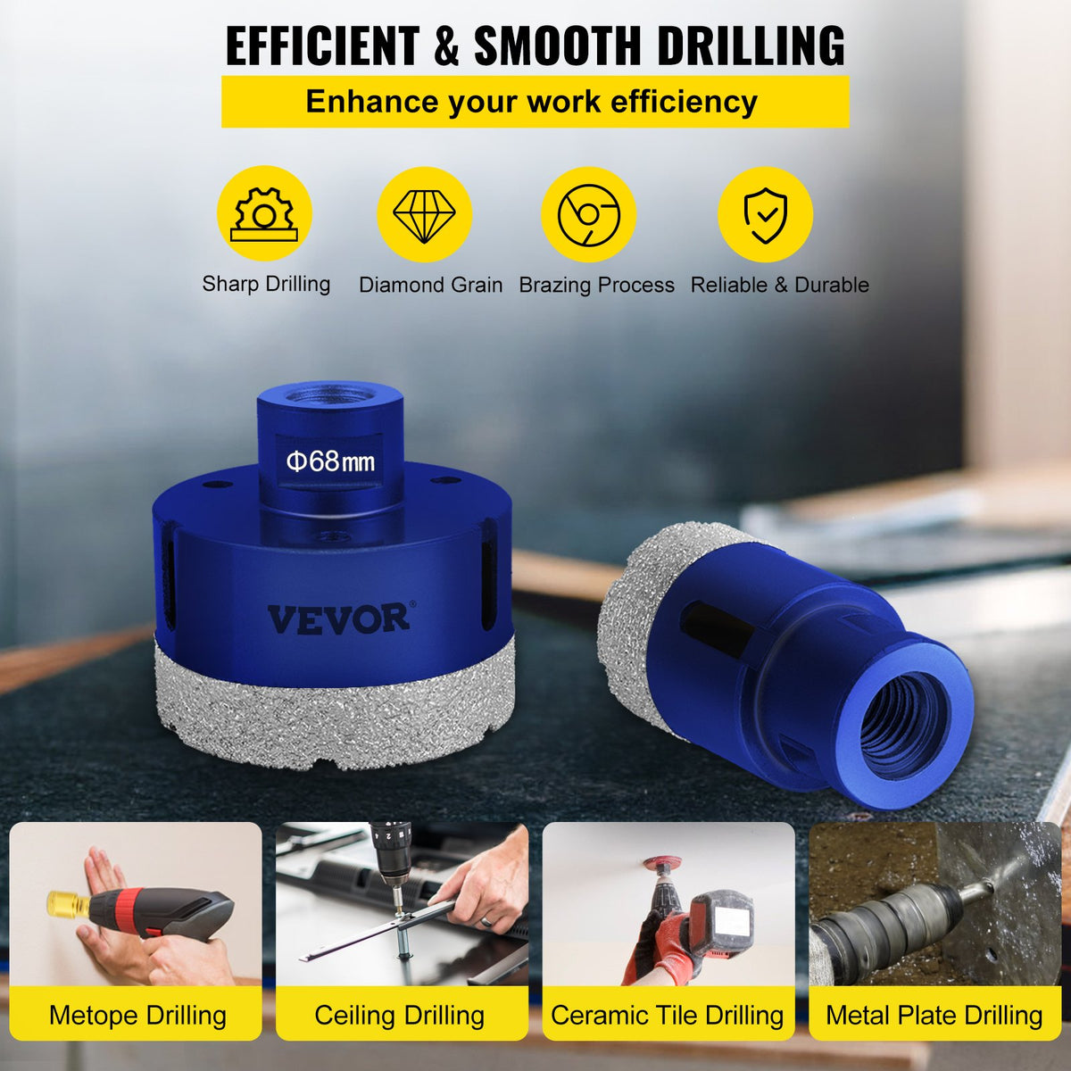 VEVOR Diamond Drill Bits 4PCS Diamond Hole Saw 35/40/50/68mm Tile Hole Saw Kit Vacuum Brazed Diamond Drill Bit 0.59in/15mm Segment Tile Hole Saw w Storage Case for Tile Ceramic Porcelain Marble Stone