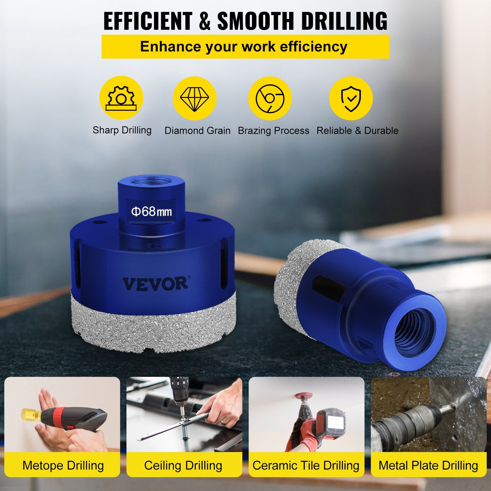 VEVOR Diamond Drill Bits 4PCS Diamond Hole Saw 35/40/50/68mm Tile Hole Saw Kit Vacuum Brazed Diamond Drill Bit 0.59in/15mm Segment Tile Hole Saw w Storage Case for Tile Ceramic Porcelain Marble Stone