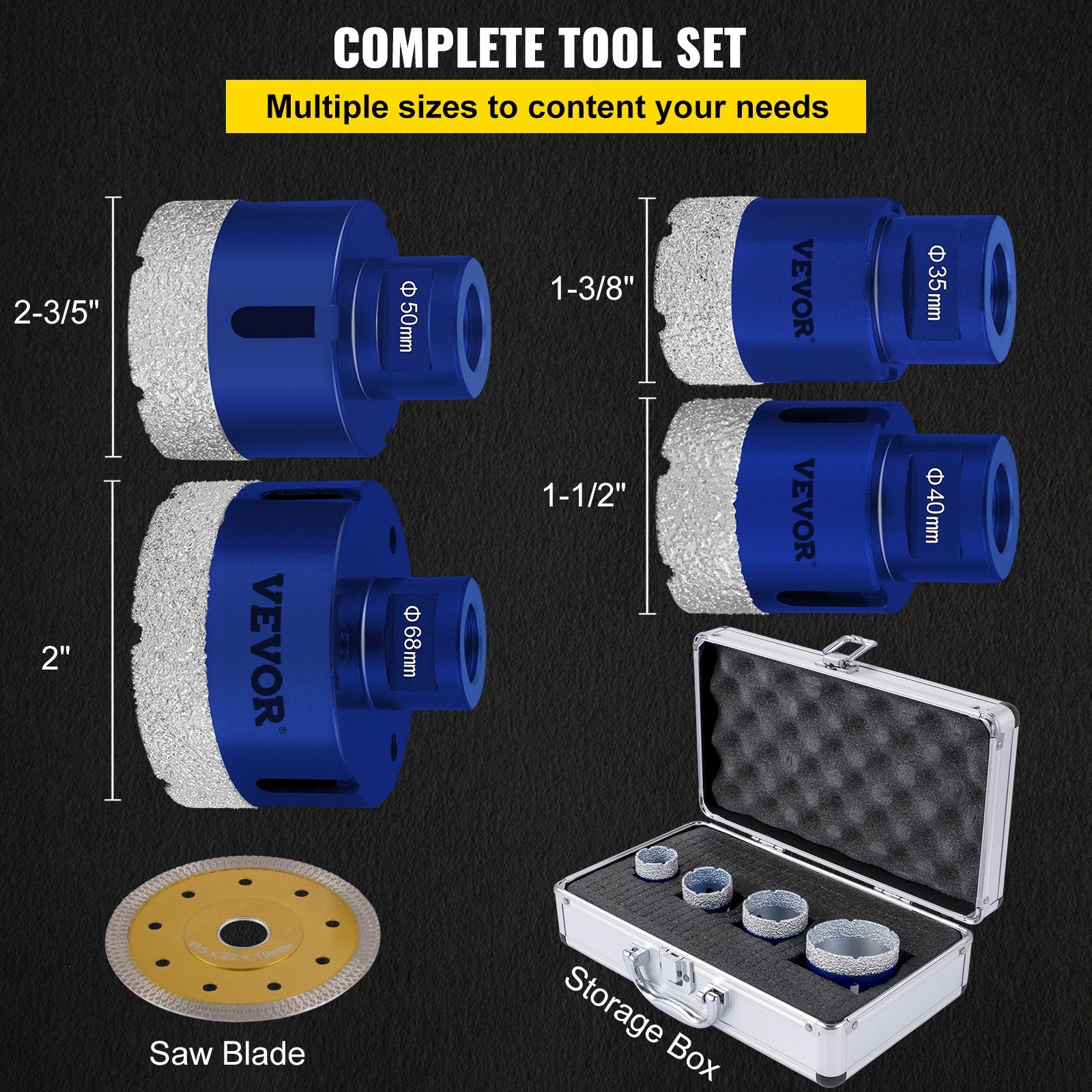 VEVOR Diamond Drill Bits 4PCS Diamond Hole Saw 35/40/50/68mm Tile Hole Saw Kit Vacuum Brazed Diamond Drill Bit 0.59in/15mm Segment Tile Hole Saw w Storage Case for Tile Ceramic Porcelain Marble Stone