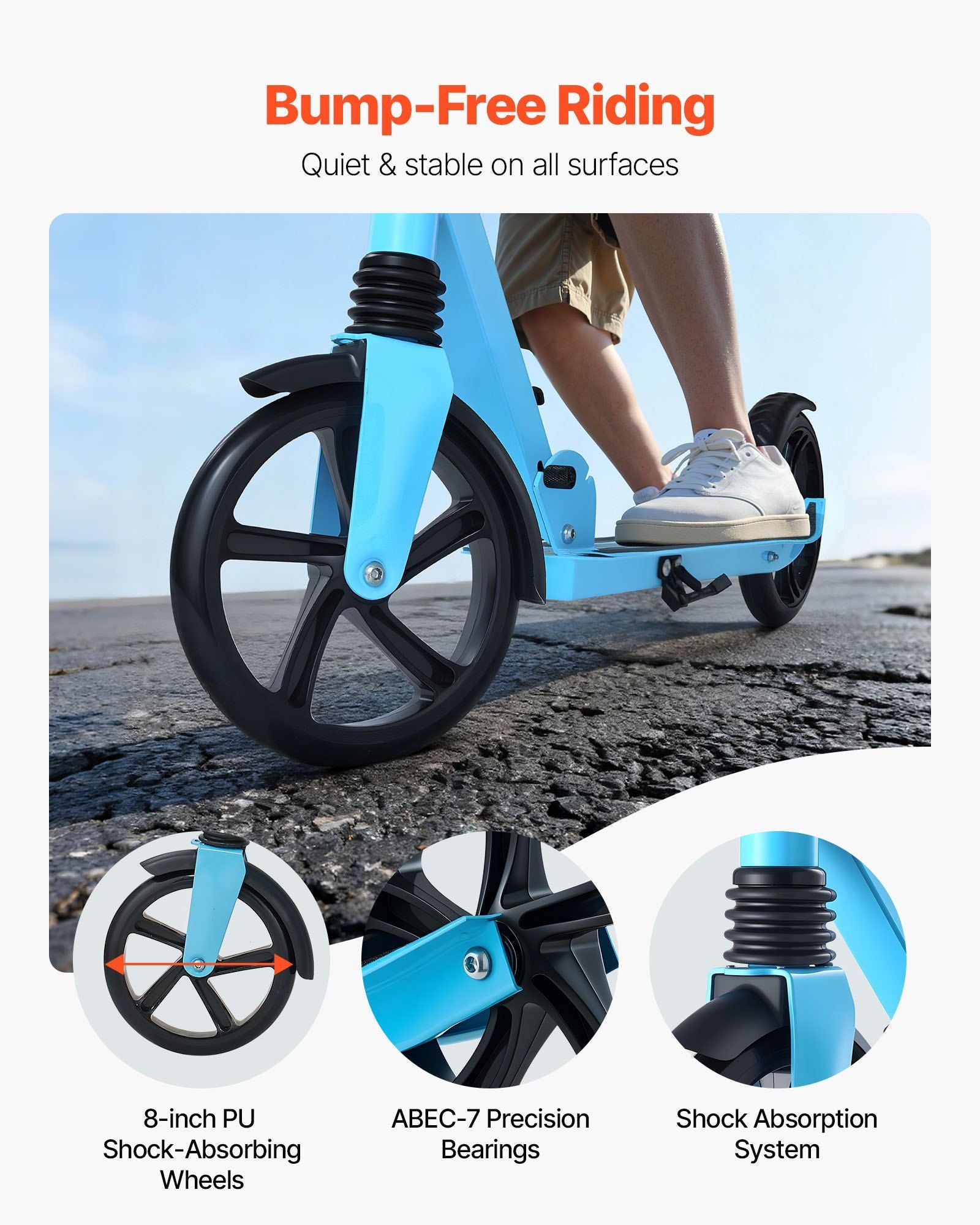 Kick Scooter for Kids Ages 8+, Teens & Adults, 2-Wheel Toddler Scooter with Adjustable Height Handlebar, Wide Anti-Slip Deck, Foldable Lightweight for Boys & Girls up to 99.8 kg, Blue + Black
