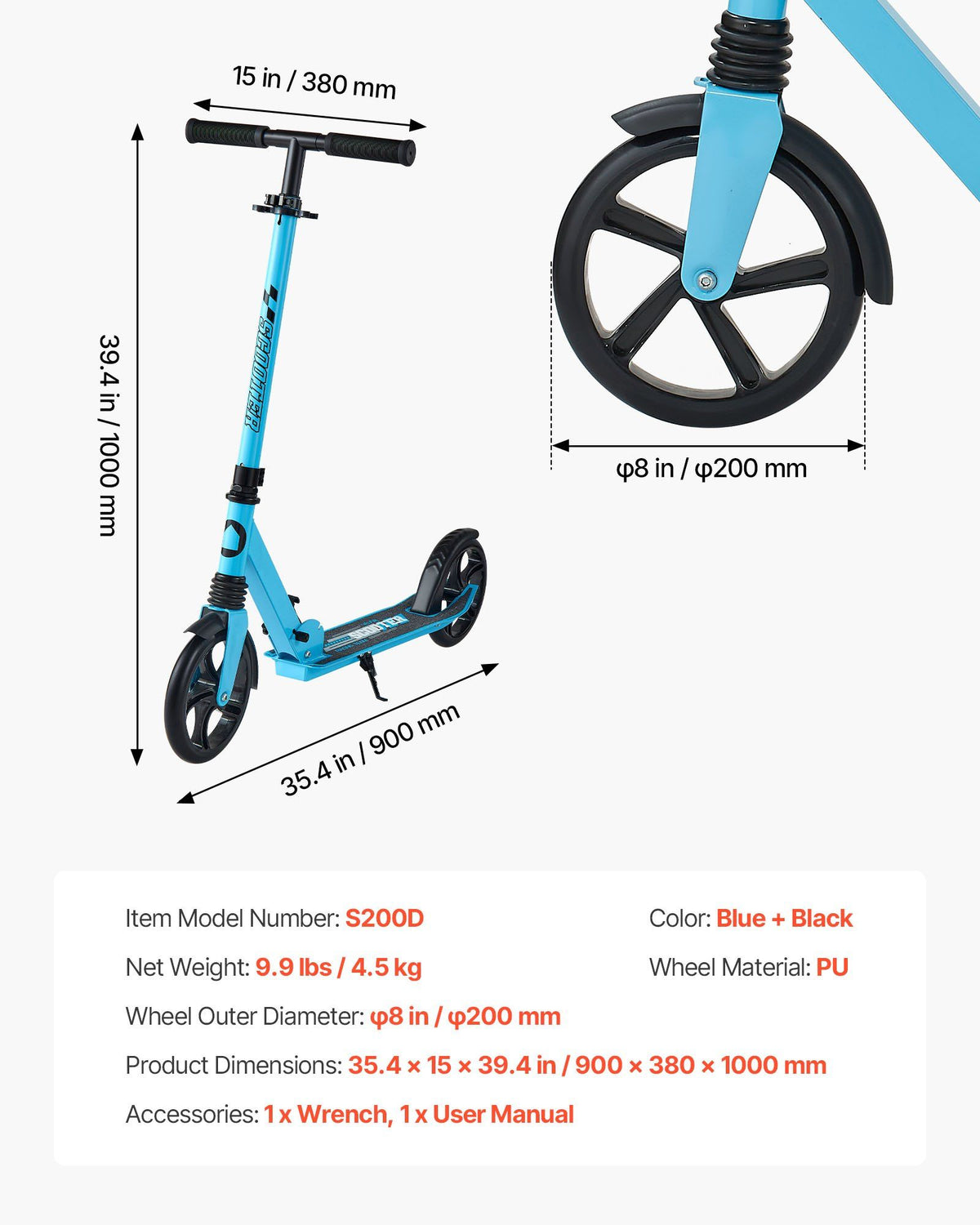 Kick Scooter for Kids Ages 8+, Teens & Adults, 2-Wheel Toddler Scooter with Adjustable Height Handlebar, Wide Anti-Slip Deck, Foldable Lightweight for Boys & Girls up to 99.8 kg, Blue + Black
