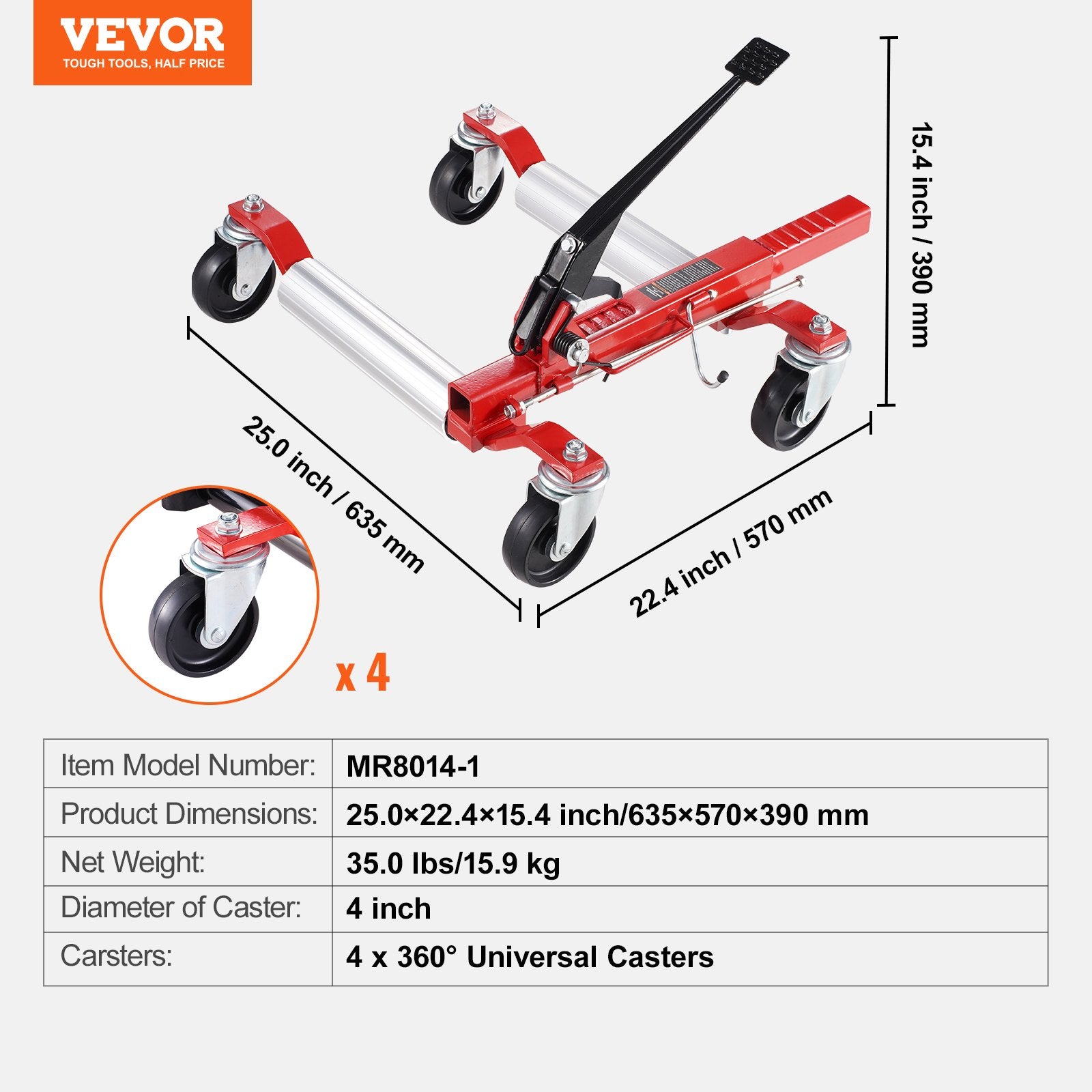 VEVOR Wheel Dolly, Max Capacity 1500 Lbs Car Dolly, Car Jack Dolly Lifter with 360° Rotatable Wheels, Heavy Duty Vehicle Positioning Ratchet Tire Jack, for Vehicle Car Auto Repair Moving