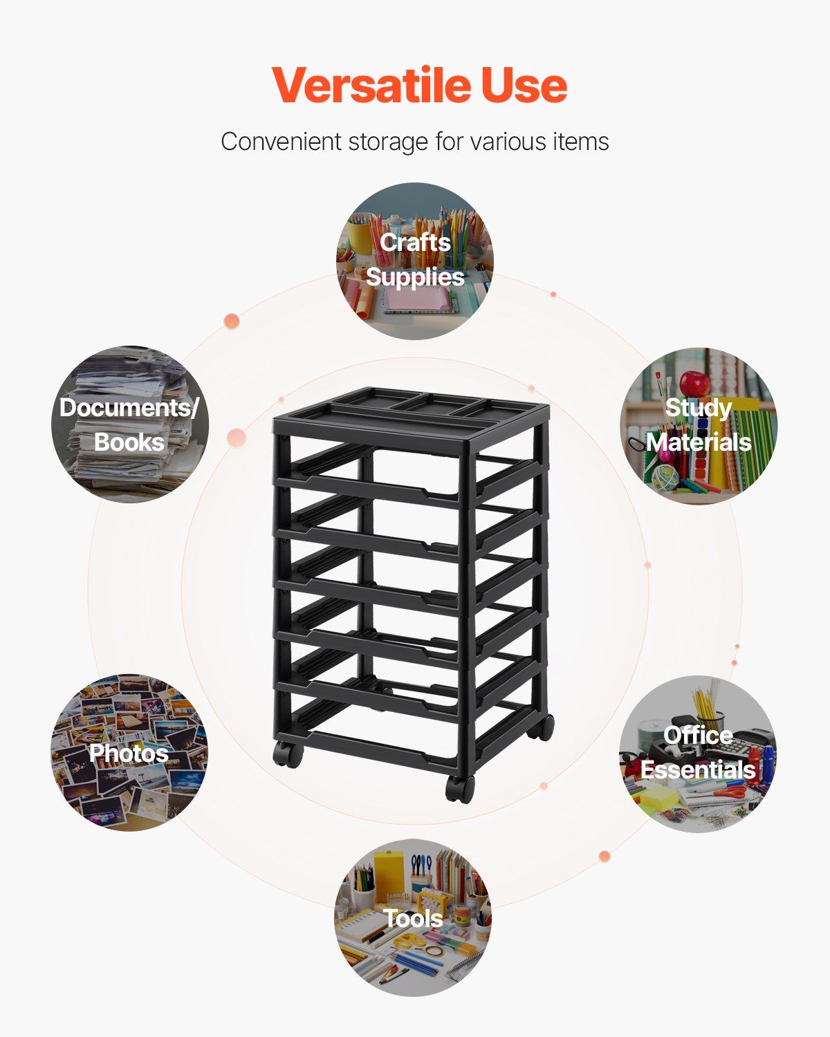 Scrapbook Rolling Storage Cart, 6-Tier Large Capacity with Organizer Top, Black Frame with 4 Removable Wheels, PP Material Cart Only, Rolling Craft Storage for Office Arts and Crafts Supplies