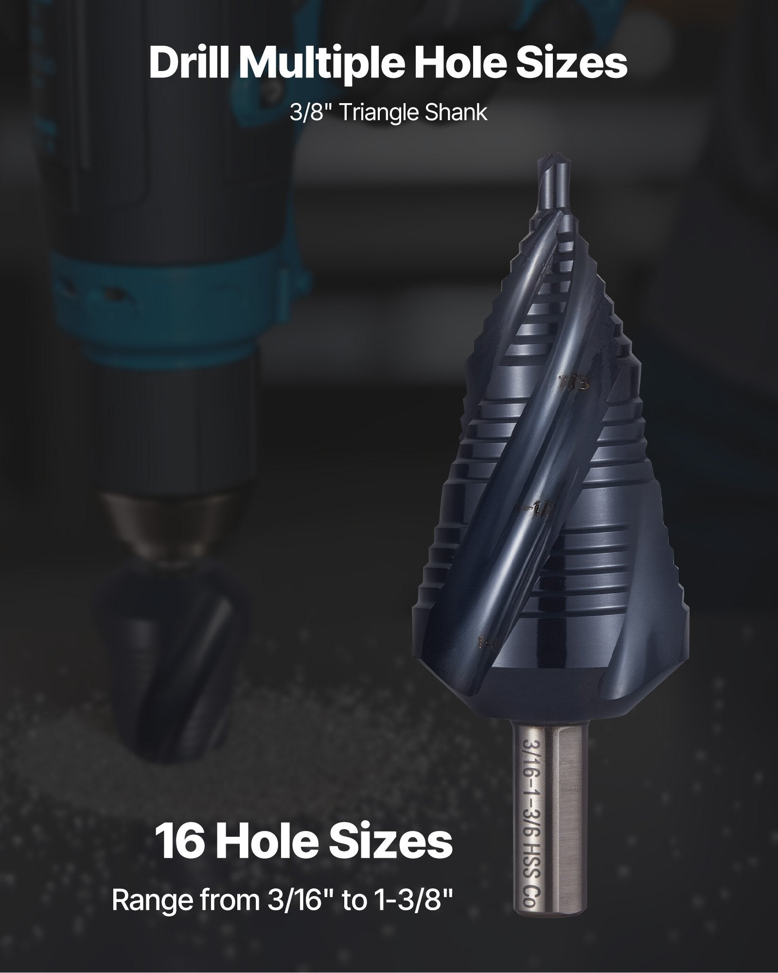 VEVOR Step Drill Bit, 4.76 to 34.93 mm, 9.53 mm Triangular Shank, TiAlN Coating Cobalt High Speed Steel, Four Spiral Flute Step Bit for Metal, Stainless Steel, Aluminum, Wood, Plastic, Fiberglass