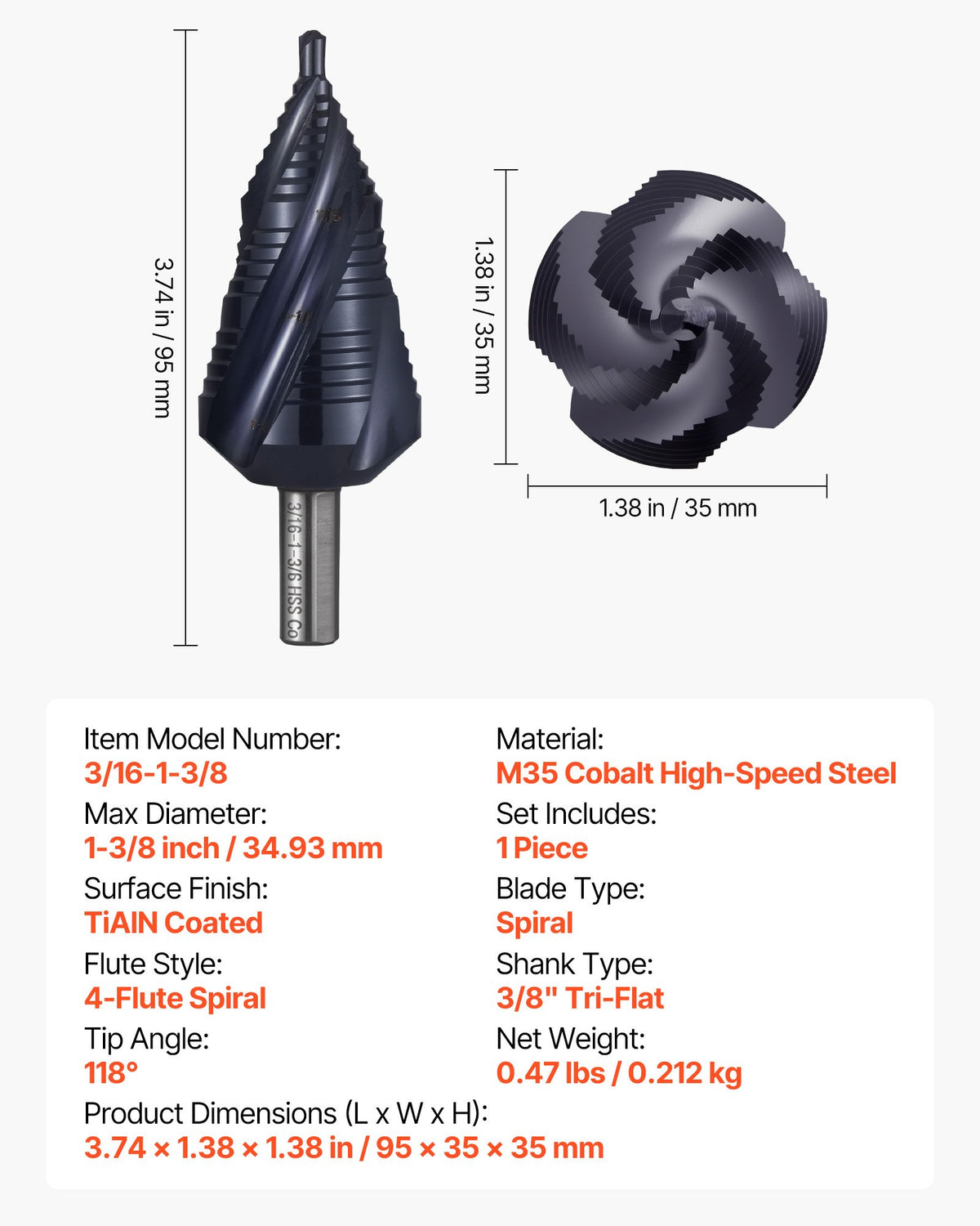 VEVOR Step Drill Bit, 4.76 to 34.93 mm, 9.53 mm Triangular Shank, TiAlN Coating Cobalt High Speed Steel, Four Spiral Flute Step Bit for Metal, Stainless Steel, Aluminum, Wood, Plastic, Fiberglass