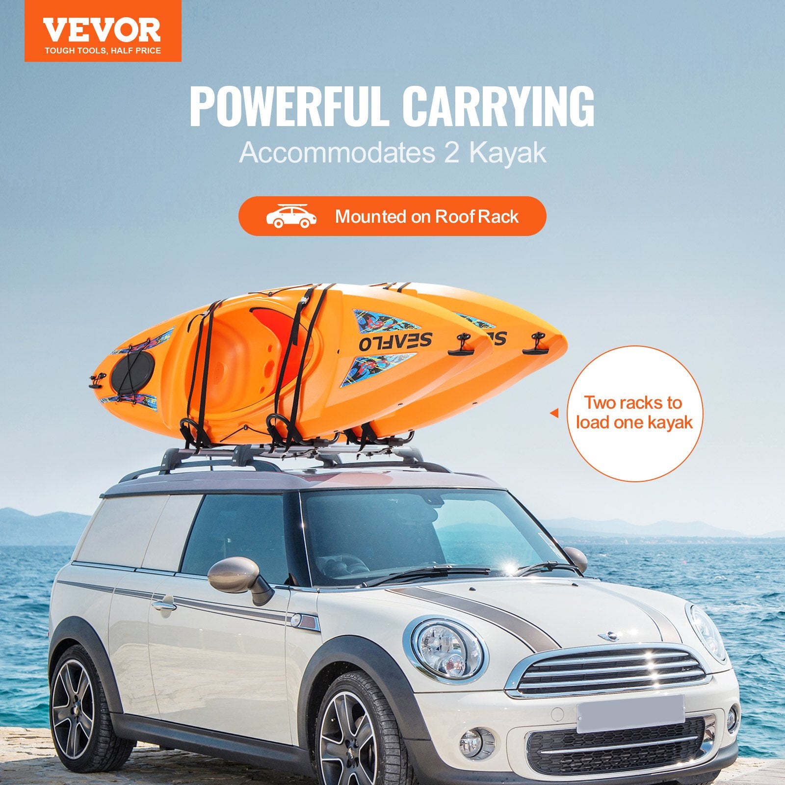 VEVOR Kayak Roof Rack 2 Pairs J-Bar, Soft Roof Rack, Top Mount Tie Down, Carrier for kayak, Surf Board, Canoe, SUP, Ski Board, Mount on Car, SUV, Truck, 2 Kayaks