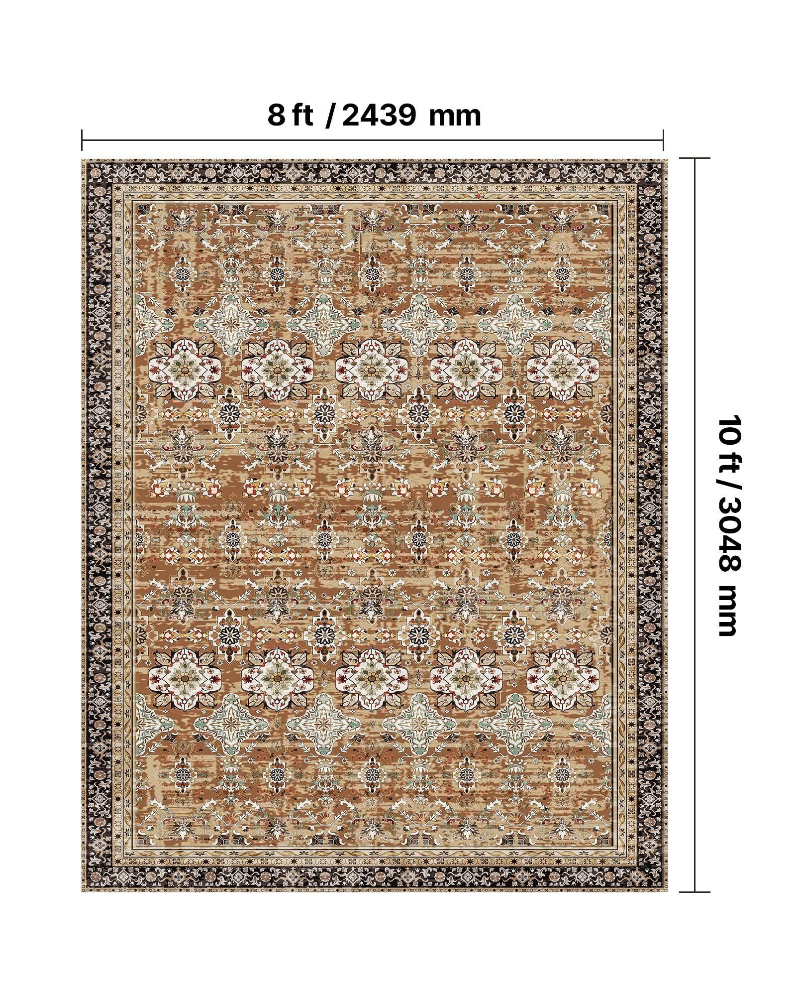 Area Rug, 2438.4 x 3048 mm Large Washable Rug, Non-Slip & Tear-Resistant Soft Carpet, Pet & Child Friendly Vintage Area Rugs, Indoor Mat for Bedroom, Living Room, Kids Room, Office, Brown Green